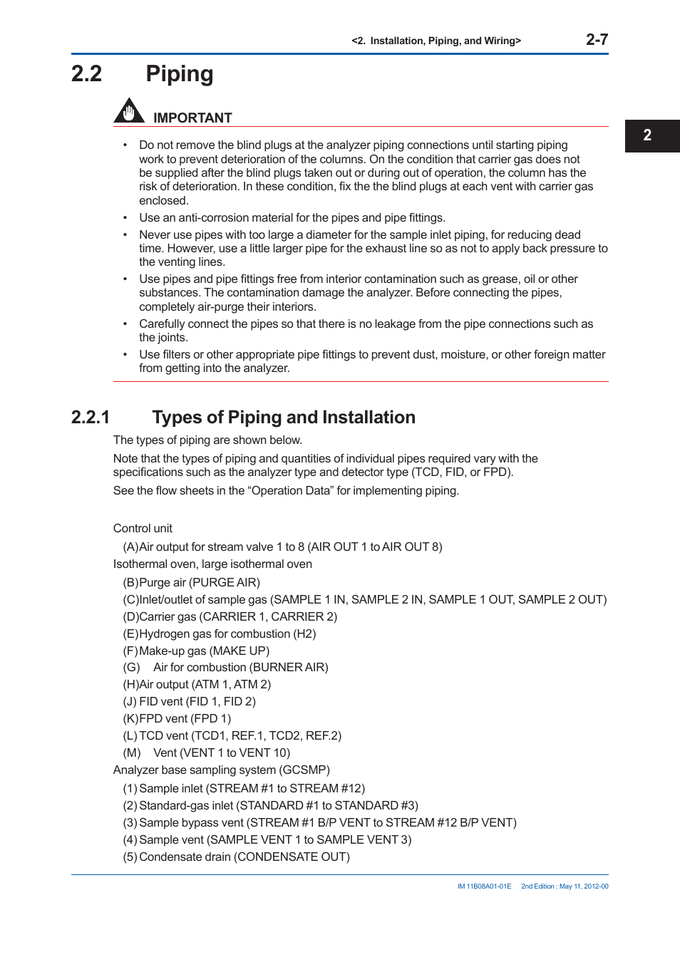 2 piping, 1 types of piping and installation | Yokogawa GC8000 Process Gas Chromatograph User Manual | Page 124 / 537