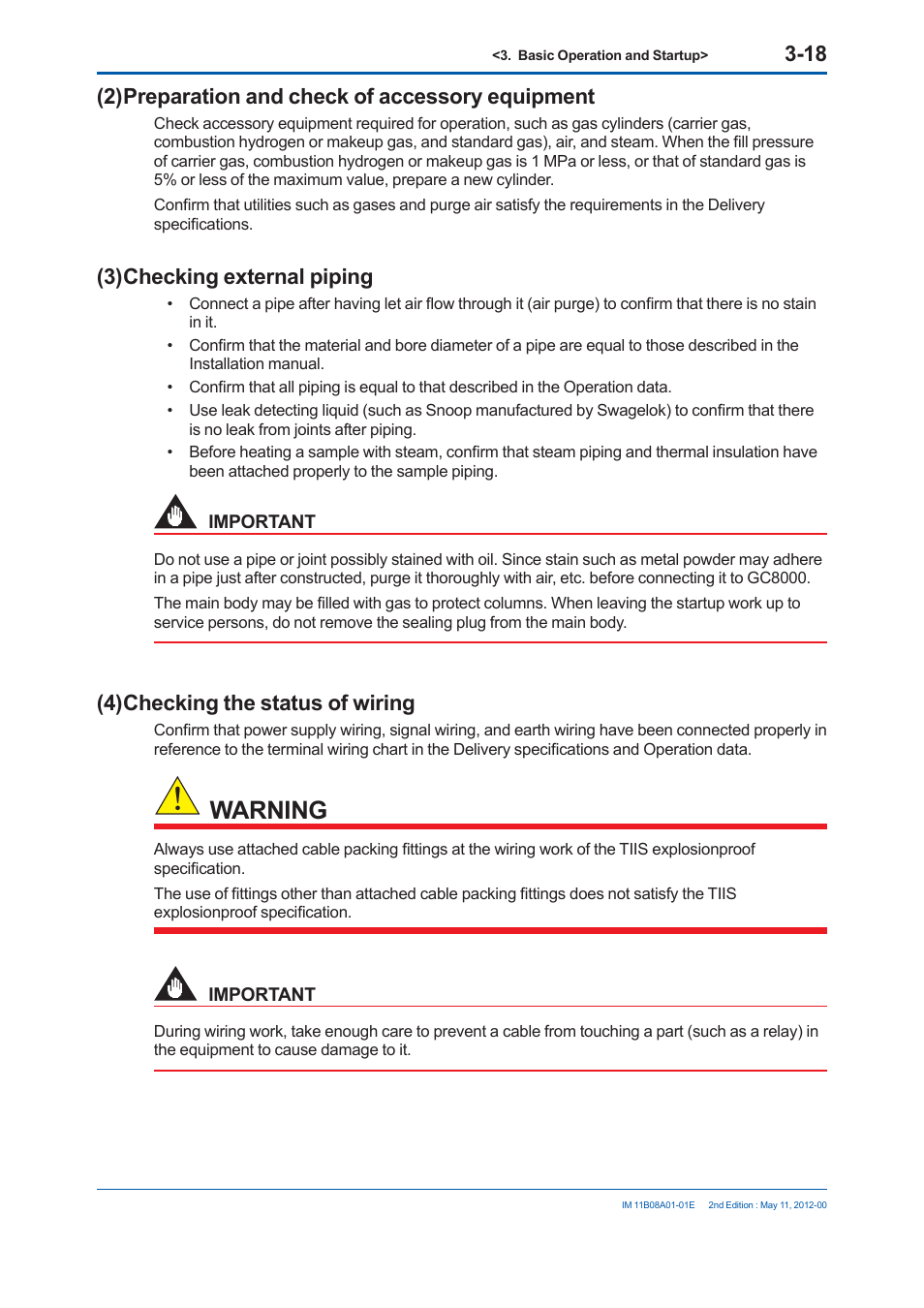 Warning, 2) preparation and check of accessory equipment, 3) checking external piping | 4) checking the status of wiring | Yokogawa GC8000 Process Gas Chromatograph User Manual | Page 169 / 537