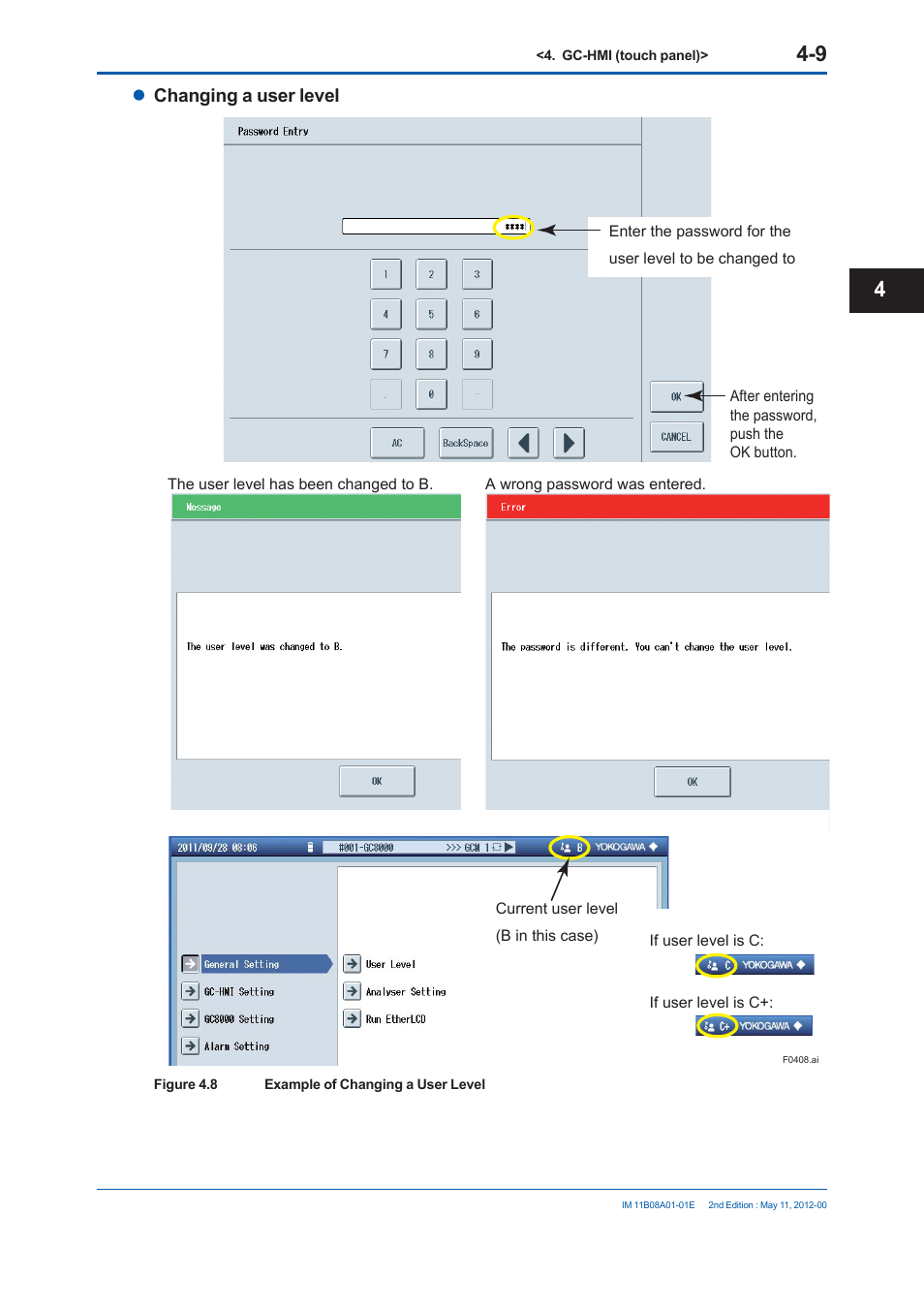 Changing a user level | Yokogawa GC8000 Process Gas Chromatograph User Manual | Page 196 / 537