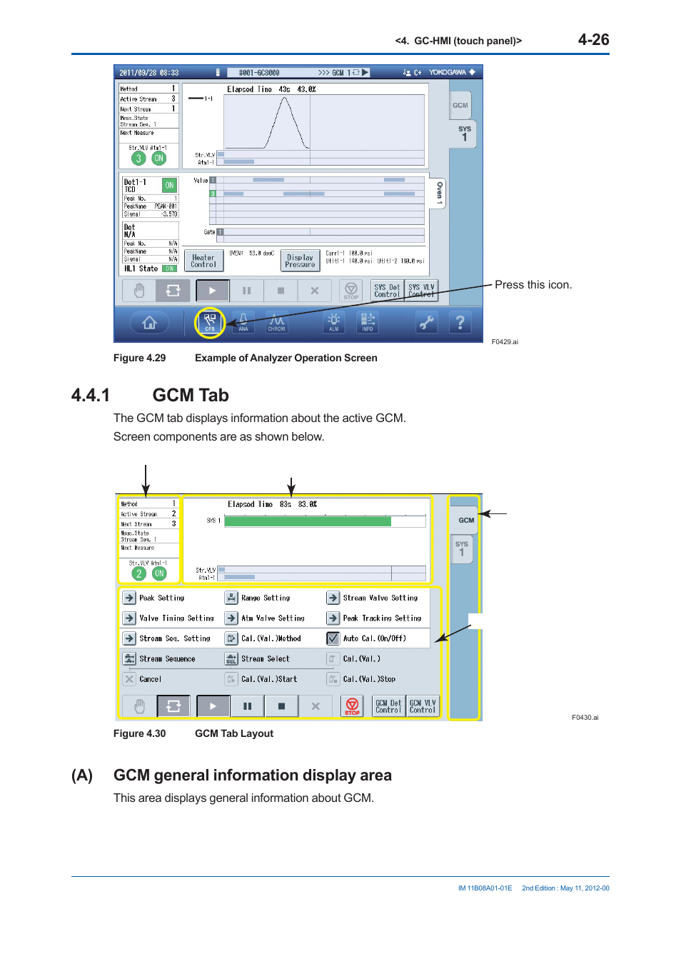 1 gcm tab, A) gcm general information display area | Yokogawa GC8000 Process Gas Chromatograph User Manual | Page 213 / 537