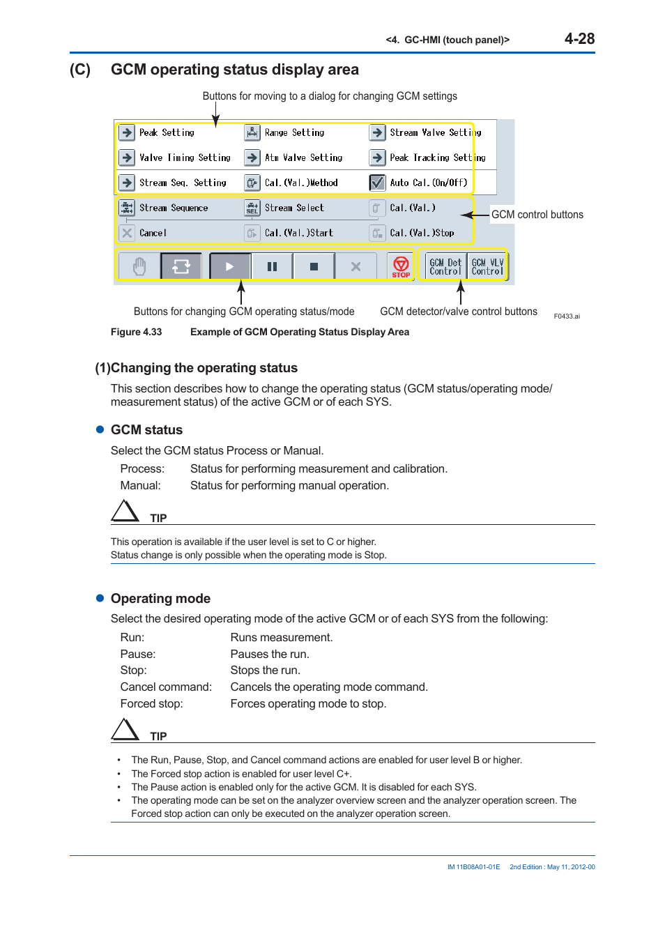 C) gcm operating status display area | Yokogawa GC8000 Process Gas Chromatograph User Manual | Page 215 / 537