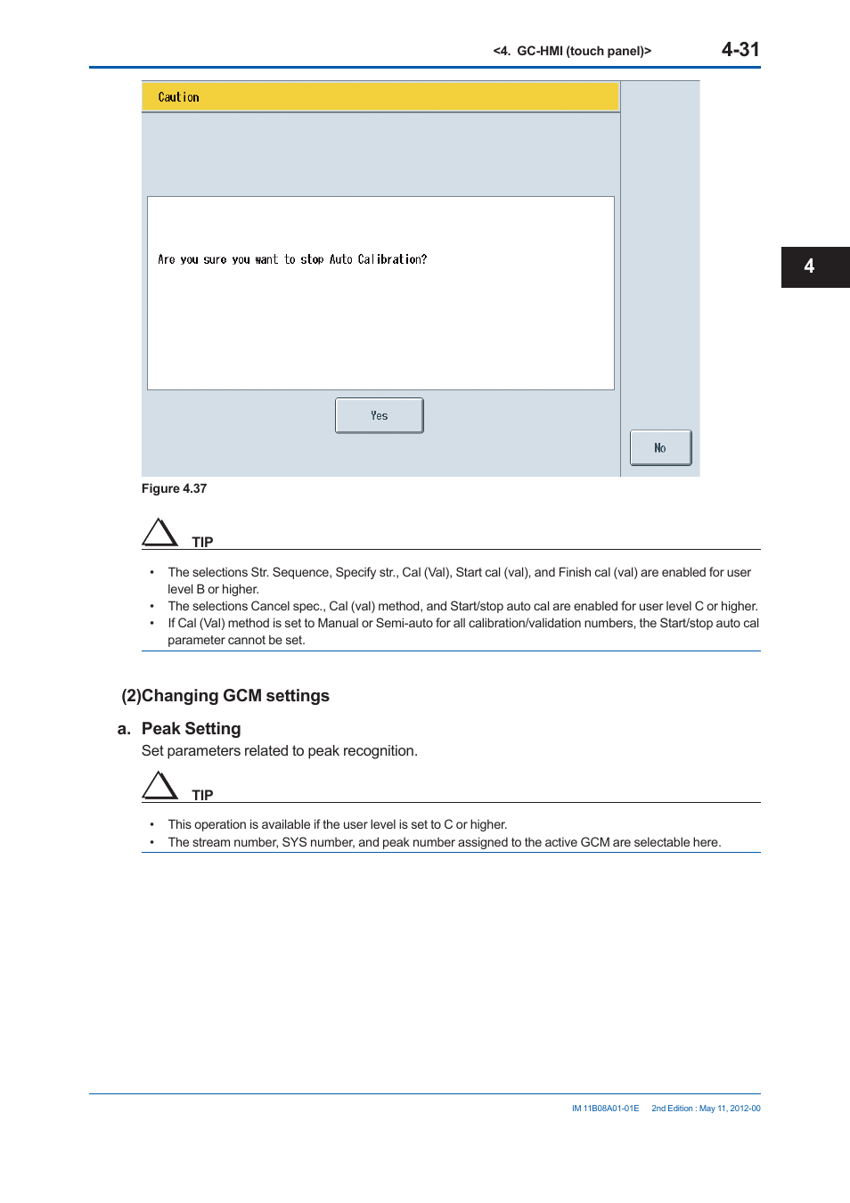 2) changing gcm settings a. peak setting | Yokogawa GC8000 Process Gas Chromatograph User Manual | Page 218 / 537
