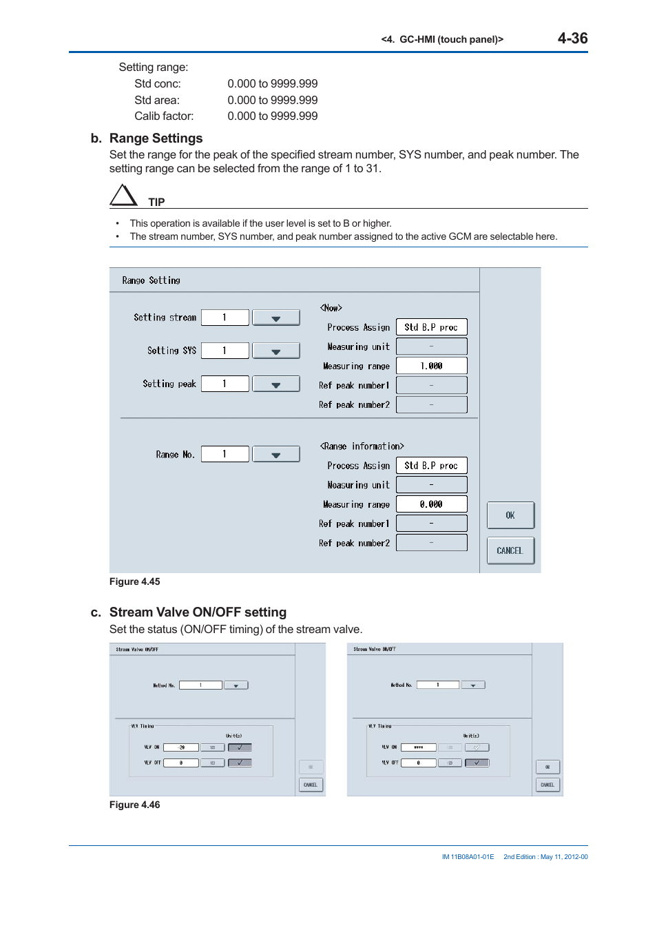 B. range settings, C. stream valve on/off setting | Yokogawa GC8000 Process Gas Chromatograph User Manual | Page 223 / 537