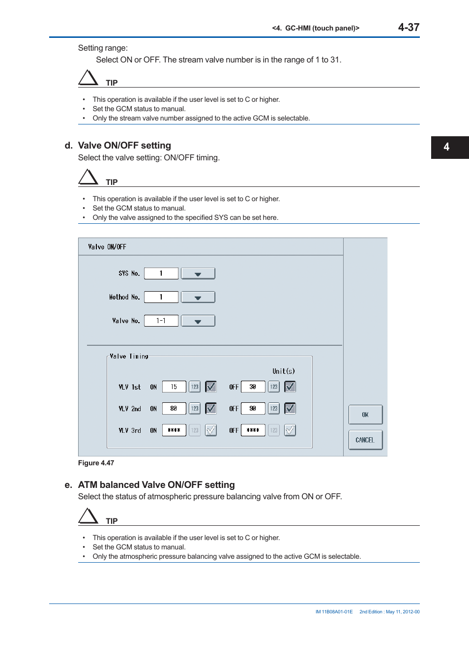 D. valve on/off setting, E. atm balanced valve on/off setting | Yokogawa GC8000 Process Gas Chromatograph User Manual | Page 224 / 537