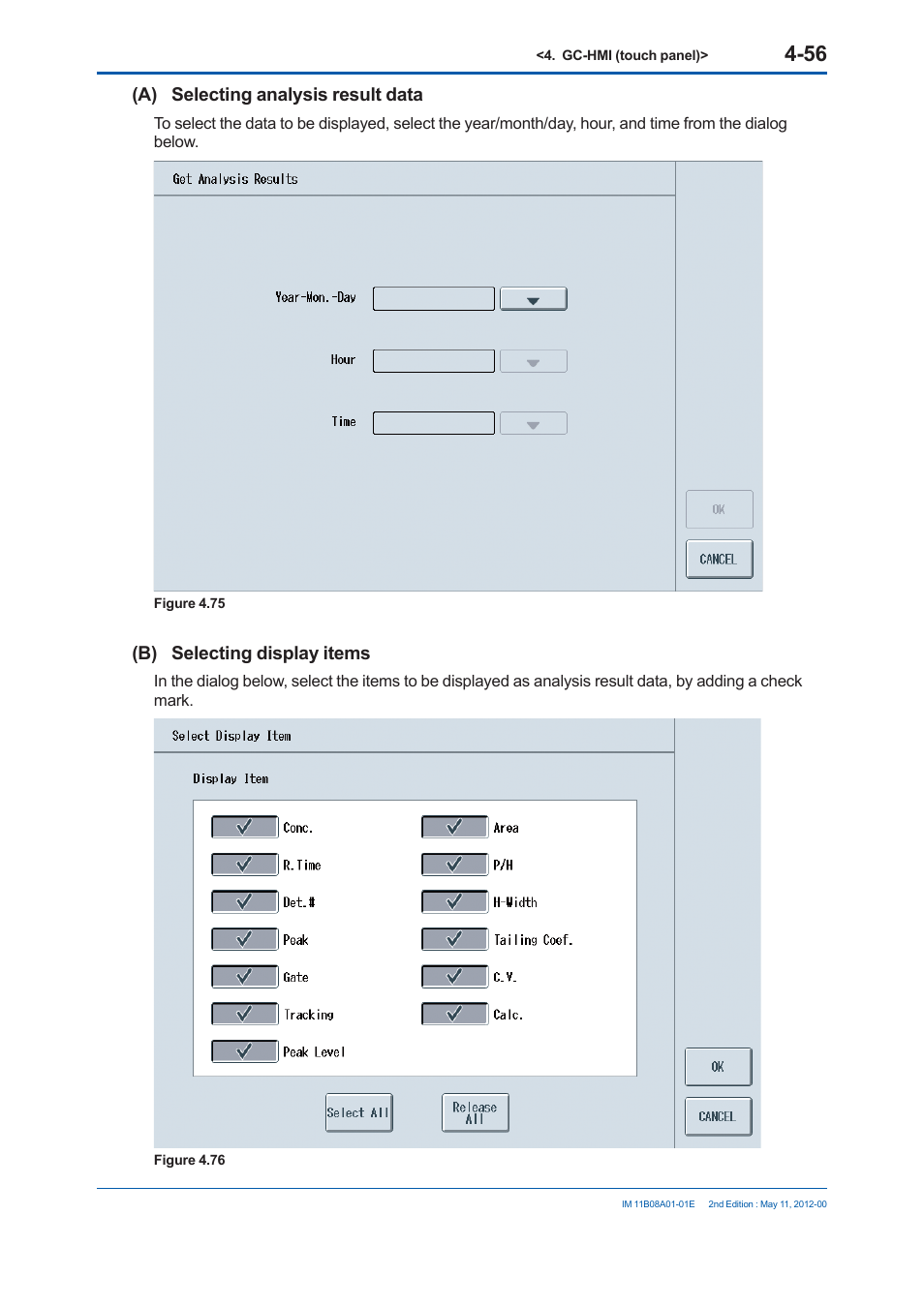 A) selecting analysis result data, B) selecting display items | Yokogawa GC8000 Process Gas Chromatograph User Manual | Page 243 / 537