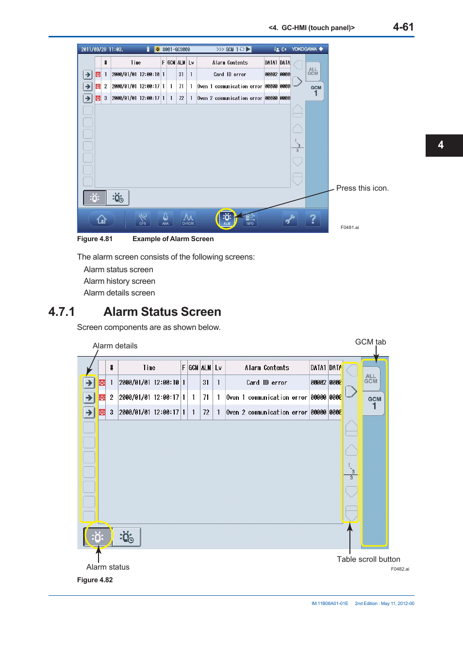 1 alarm status screen | Yokogawa GC8000 Process Gas Chromatograph User Manual | Page 248 / 537