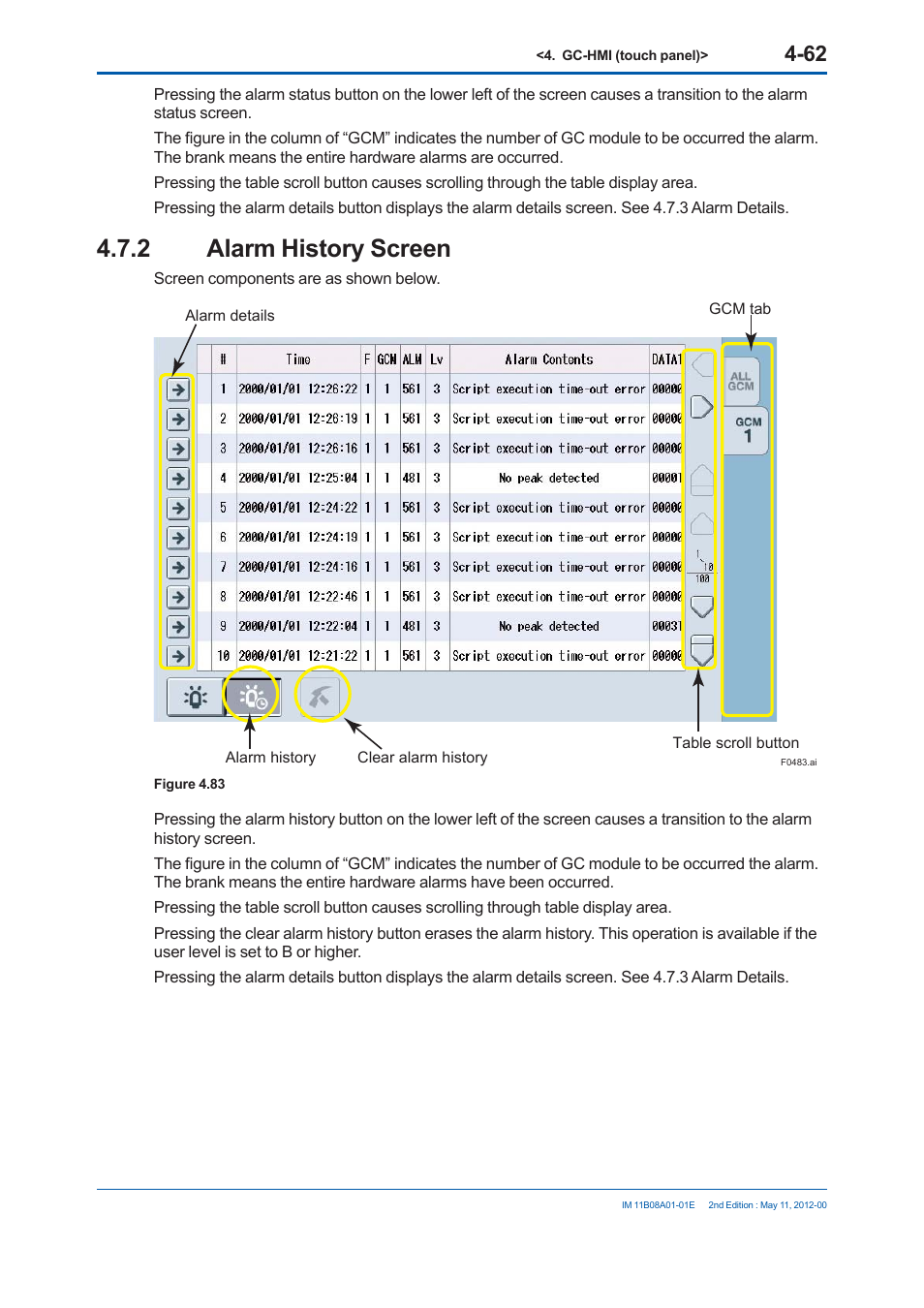 2 alarm history screen | Yokogawa GC8000 Process Gas Chromatograph User Manual | Page 249 / 537
