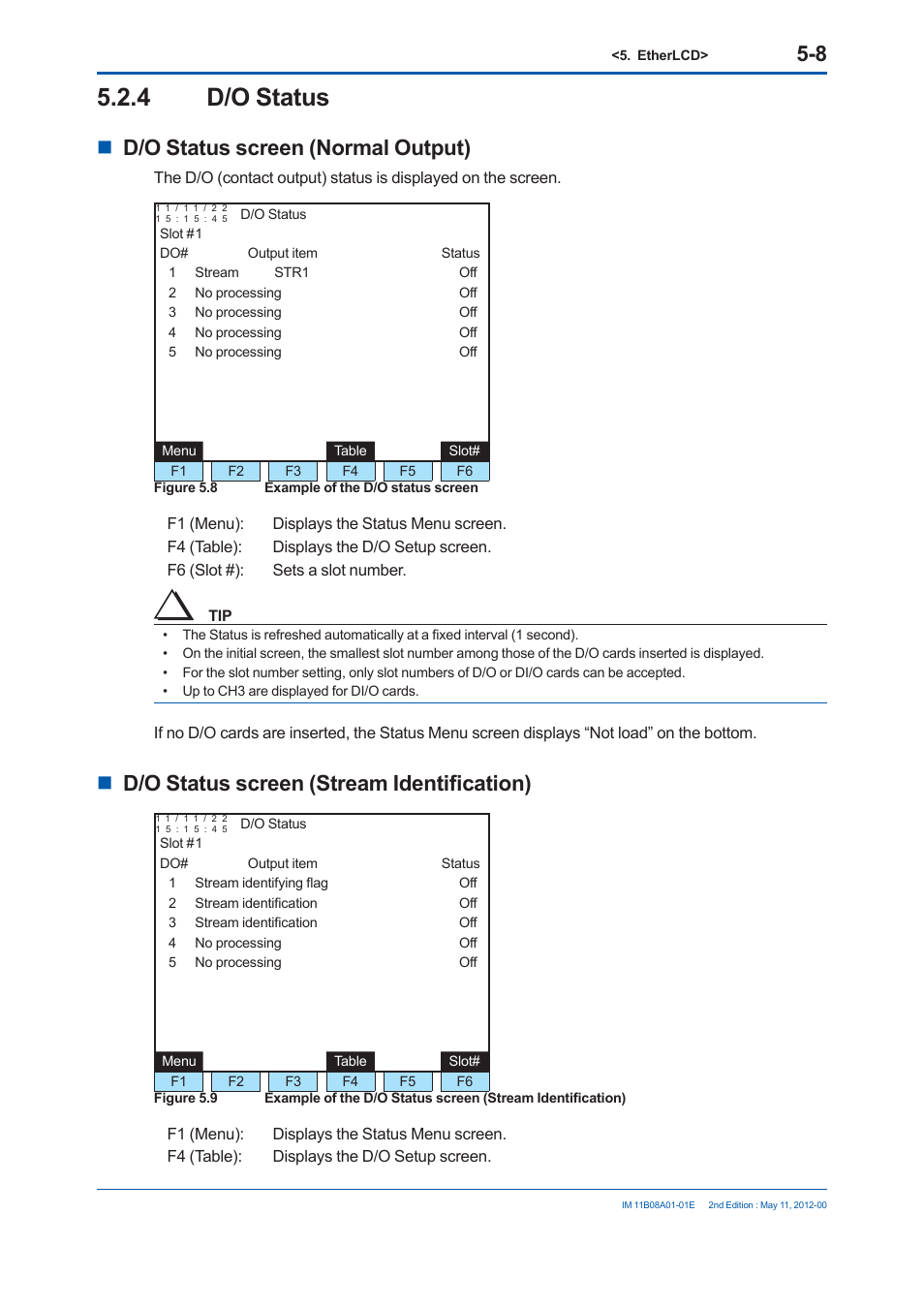 4 d/o status, D/o status screen (normal output), D/o status screen (stream identifi cation) | Yokogawa GC8000 Process Gas Chromatograph User Manual | Page 259 / 537