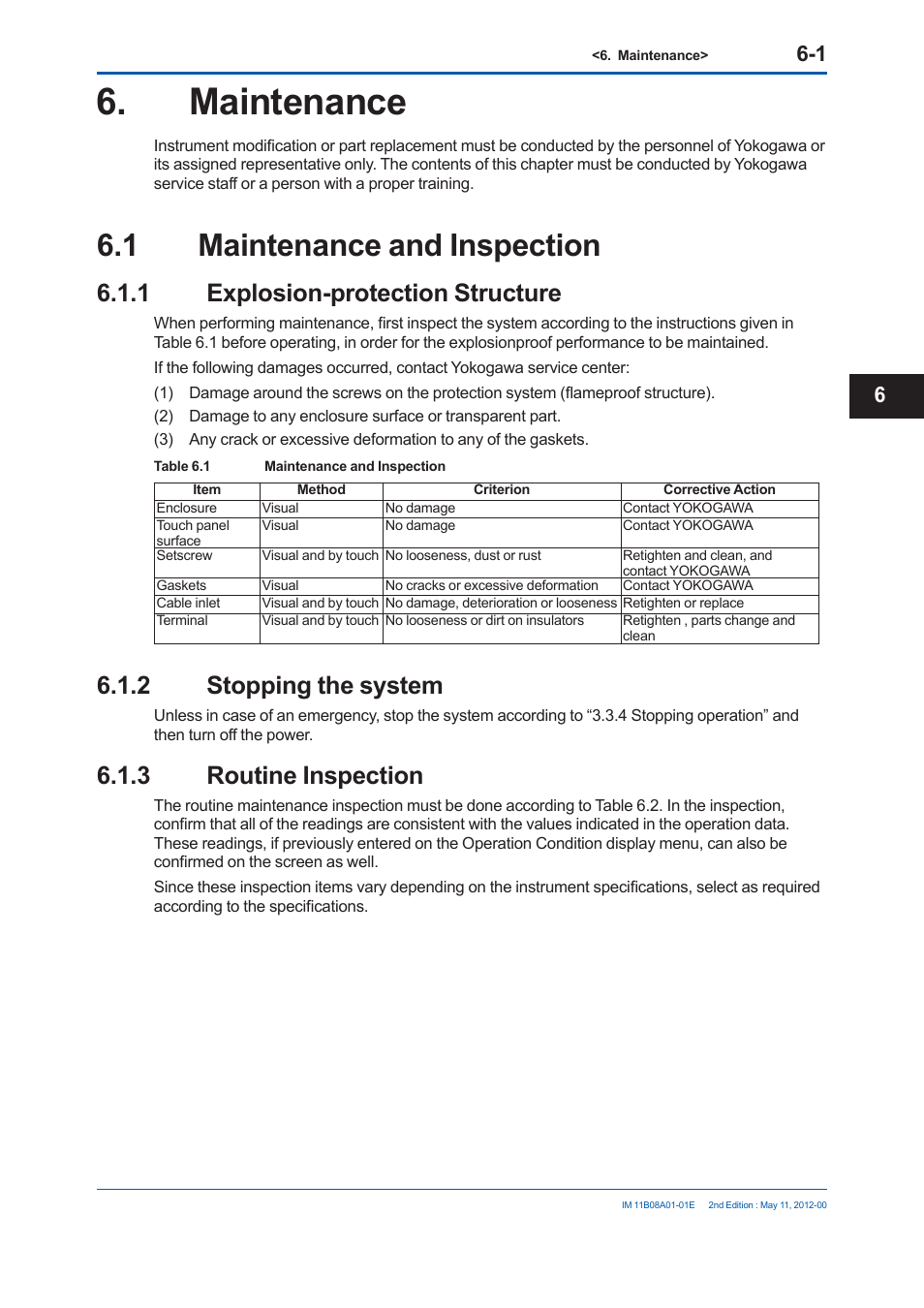 Maintenance, 1 maintenance and inspection, 1 explosion-protection structure | 2 stopping the system, 3 routine inspection | Yokogawa GC8000 Process Gas Chromatograph User Manual | Page 354 / 537