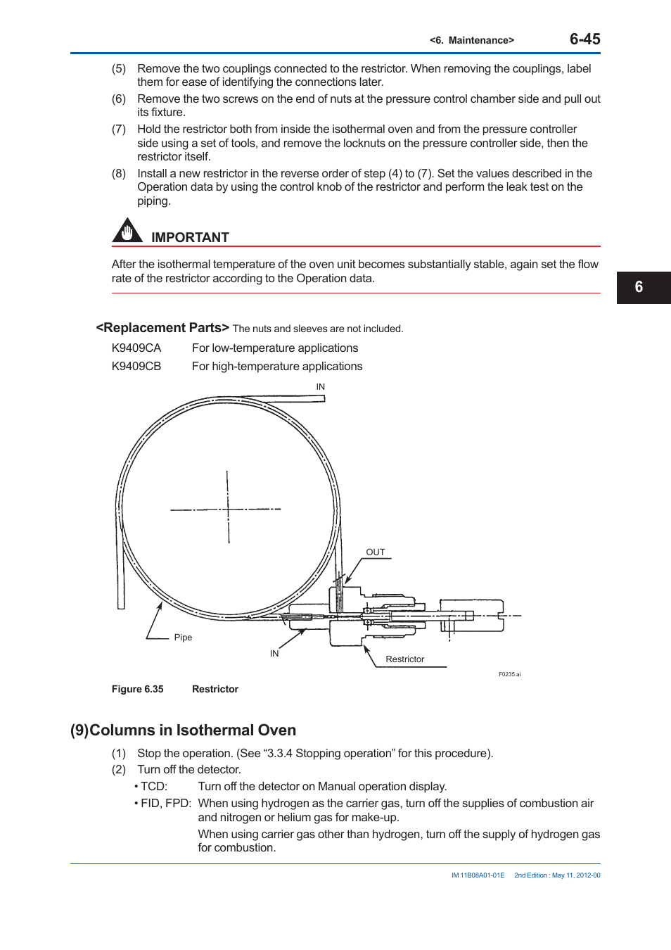 9) columns in isothermal oven, Important, Replacement parts | Yokogawa GC8000 Process Gas Chromatograph User Manual | Page 398 / 537