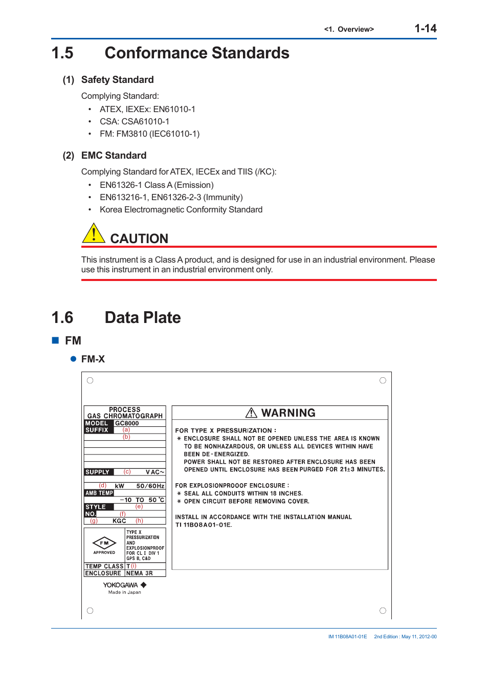 5 conformance standards, 6 data plate, Caution | Yokogawa GC8000 Process Gas Chromatograph User Manual | Page 41 / 537