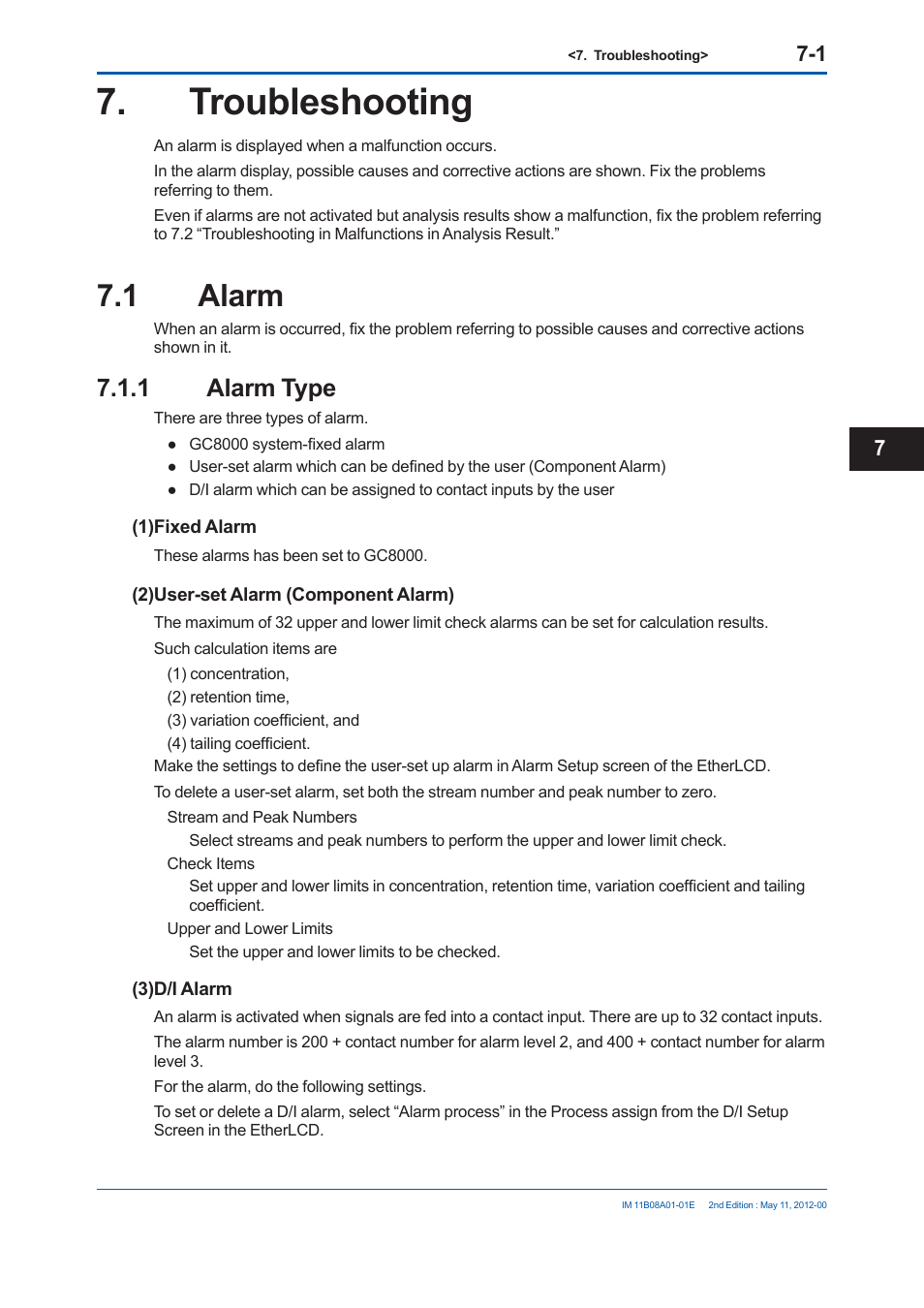 Troubleshooting, 1 alarm, 1 alarm type | Yokogawa GC8000 Process Gas Chromatograph User Manual | Page 414 / 537