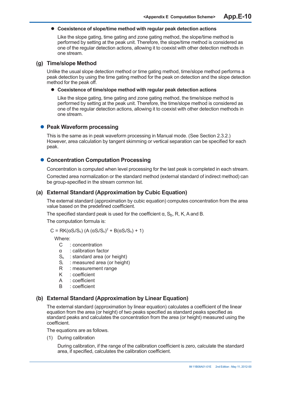 App.e-10, G) time/slope method, Peak waveform processing | Concentration computation processing | Yokogawa GC8000 Process Gas Chromatograph User Manual | Page 483 / 537