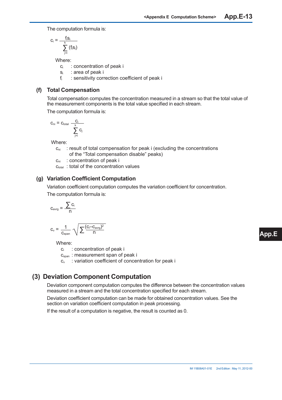 App.e-13, 3) deviation component computation, App.e | F) total compensation, G) variation coeffi cient computation | Yokogawa GC8000 Process Gas Chromatograph User Manual | Page 486 / 537