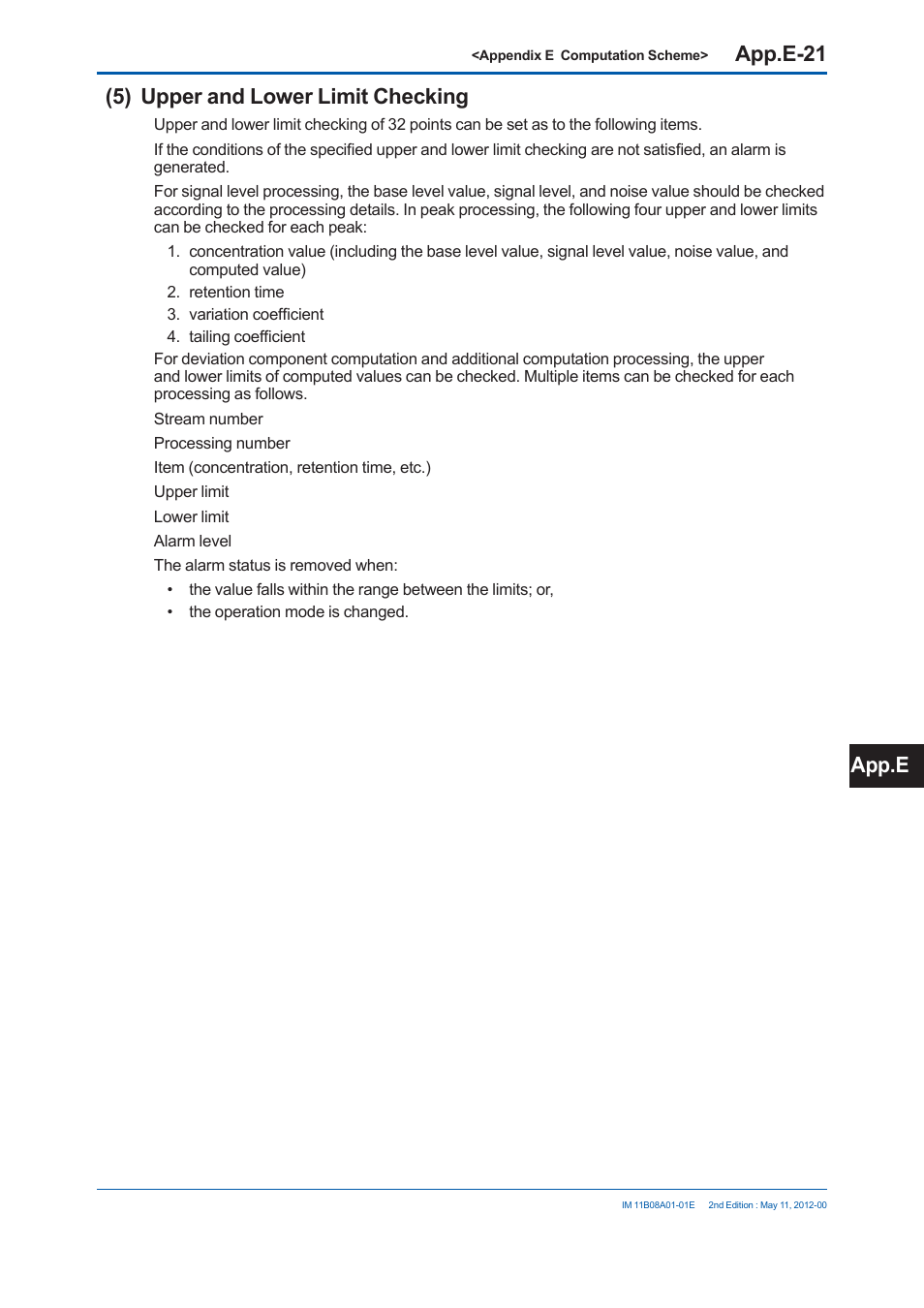 App.e-21, 5) upper and lower limit checking, App.e | Yokogawa GC8000 Process Gas Chromatograph User Manual | Page 494 / 537