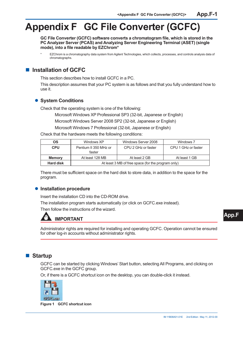 Appendix f gc file converter (gcfc), App.f-1, Installation of gcfc | Startup, App.f | Yokogawa GC8000 Process Gas Chromatograph User Manual | Page 496 / 537