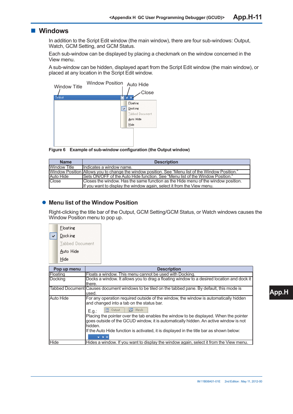 App.h-11, Windows, App.h | Menu list of the window position | Yokogawa GC8000 Process Gas Chromatograph User Manual | Page 528 / 537