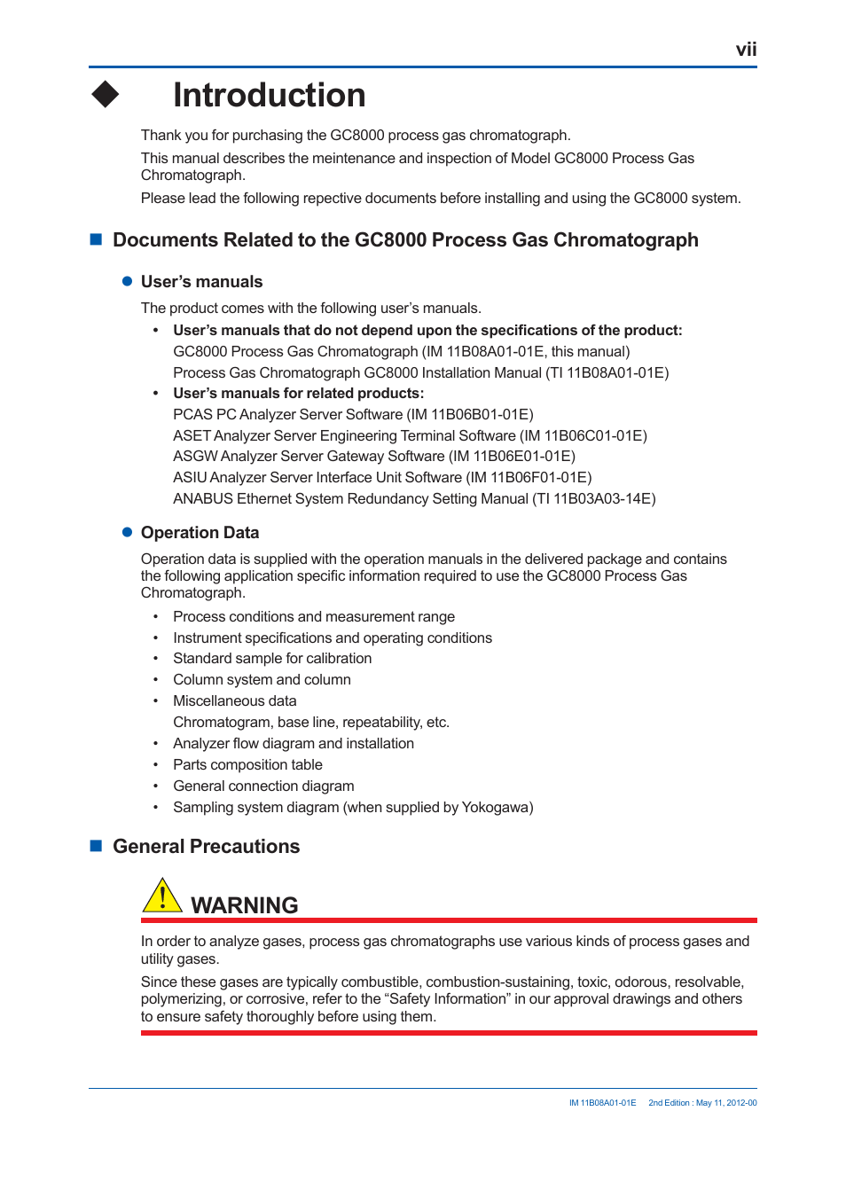 Introduction, Warning | Yokogawa GC8000 Process Gas Chromatograph User Manual | Page 8 / 537
