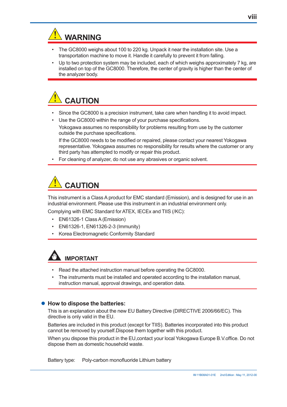 Warning, Caution, Viii | Yokogawa GC8000 Process Gas Chromatograph User Manual | Page 9 / 537