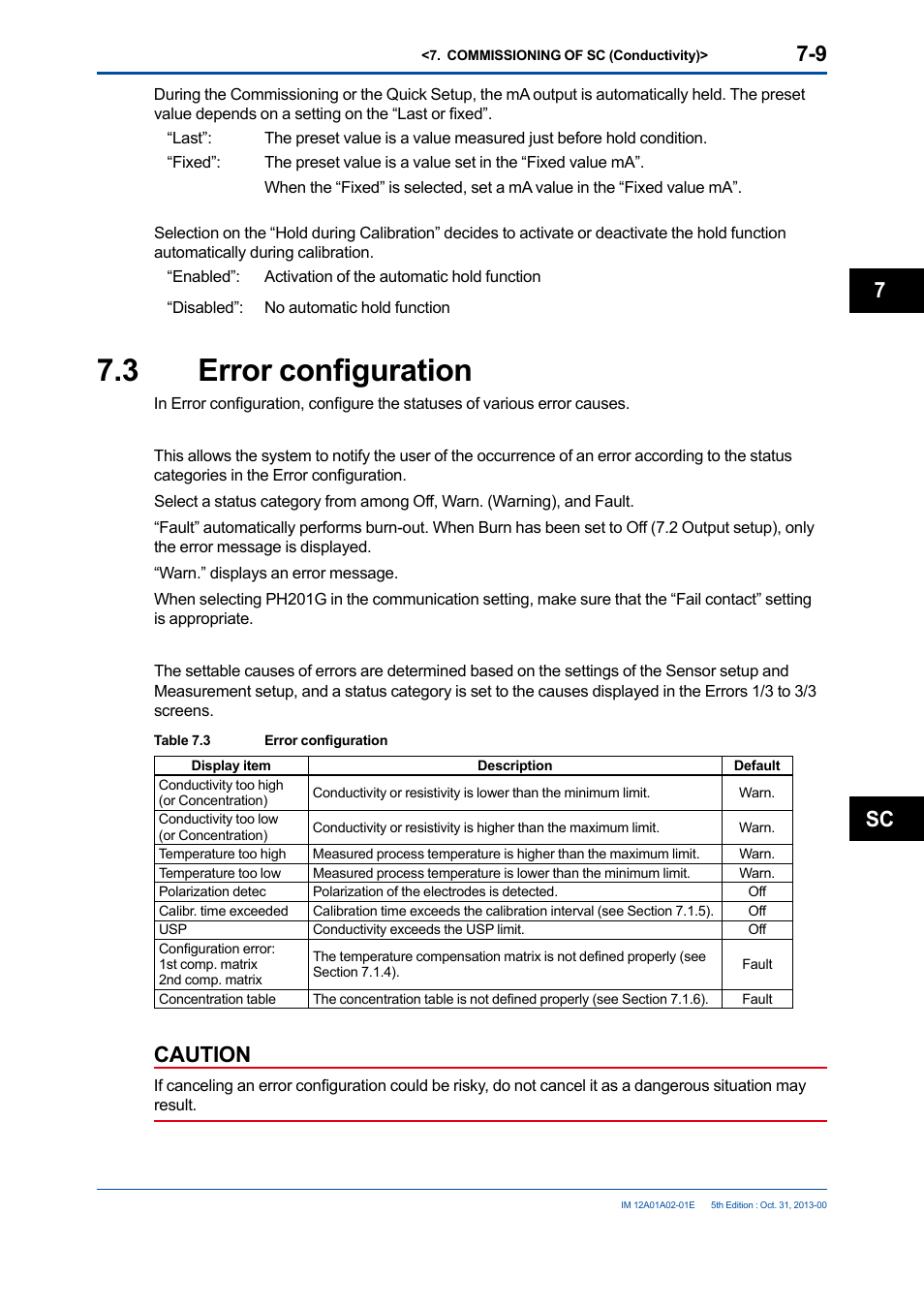 3 error configuration, Error configuration -9, Caution | Sc 7 | Yokogawa 2-Wire Dual Channel Transmitter/Analyzer FLXA21 User Manual | Page 101 / 246
