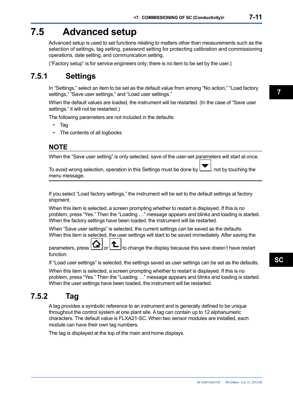 5 advanced setup, 1 settings, 2 tag | Sc 7 | Yokogawa 2-Wire Dual Channel Transmitter/Analyzer FLXA21 User Manual | Page 103 / 246