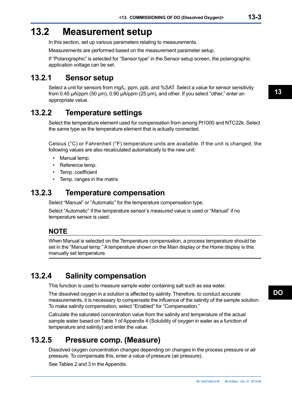 2 measurement setup, 1 sensor setup, 2 temperature settings | 3 temperature compensation, 4 salinity compensation, 5 pressure comp. (measure), Measurement setup -3 13.2.1, Sensor setup -3, Temperature settings -3, Temperature compensation -3 | Yokogawa 2-Wire Dual Channel Transmitter/Analyzer FLXA21 User Manual | Page 154 / 246