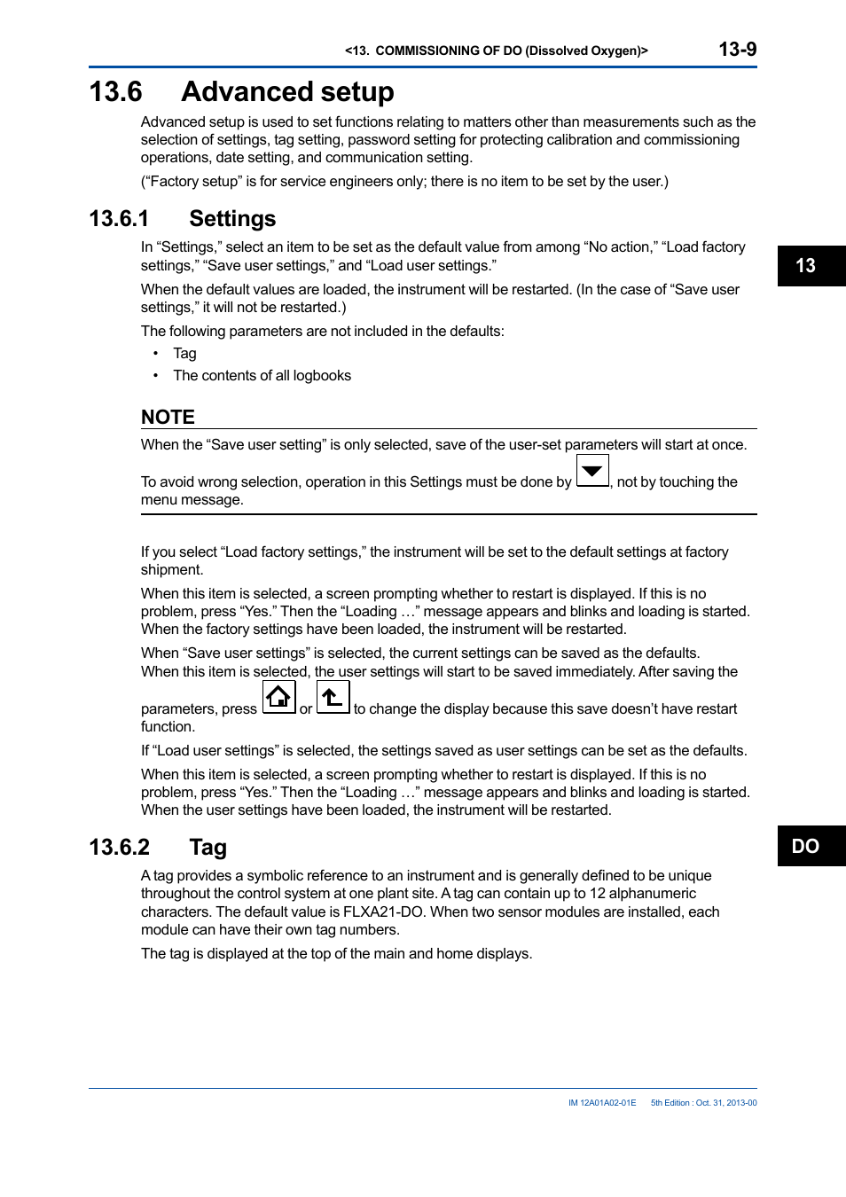 6 advanced setup, 1 settings, 2 tag | Advanced setup -9 13.6.1 settings -9 13.6.2 tag -9, Do 13 | Yokogawa 2-Wire Dual Channel Transmitter/Analyzer FLXA21 User Manual | Page 160 / 246
