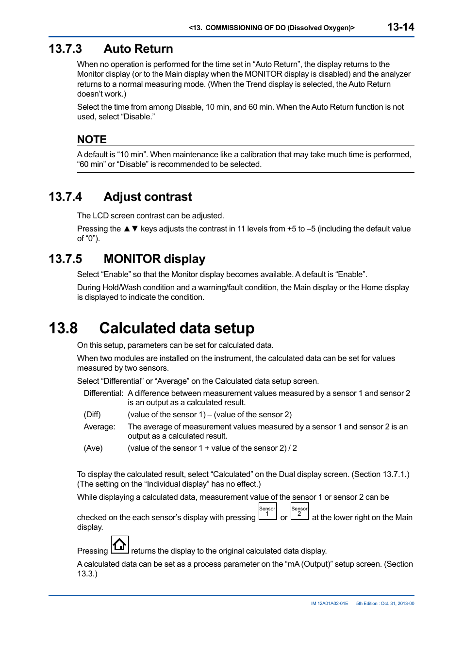 3 auto return, 4 adjust contrast, 5 monitor display | 8 calculated data setup, Auto return -14, Adjust contrast -14, Monitor display -14, Calculated data setup -14 | Yokogawa 2-Wire Dual Channel Transmitter/Analyzer FLXA21 User Manual | Page 165 / 246