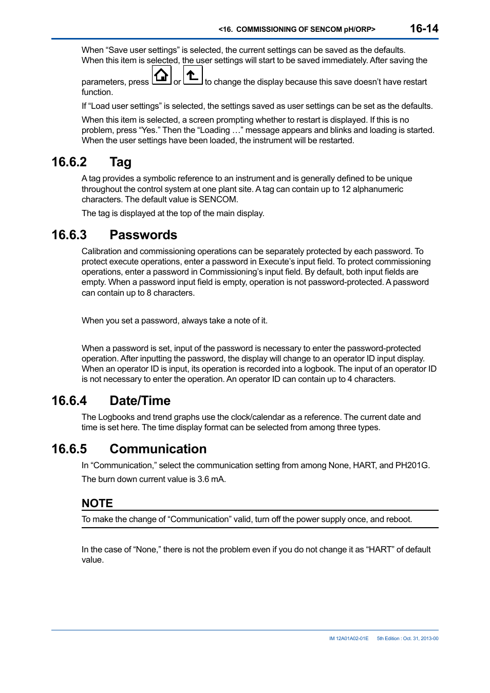 2 tag, 3 passwords, 4 date/time | 5 communication, 2 tag -14 16.6.3 passwords -14 16.6.4, Date/time -14, 5 communication -14 | Yokogawa 2-Wire Dual Channel Transmitter/Analyzer FLXA21 User Manual | Page 197 / 246