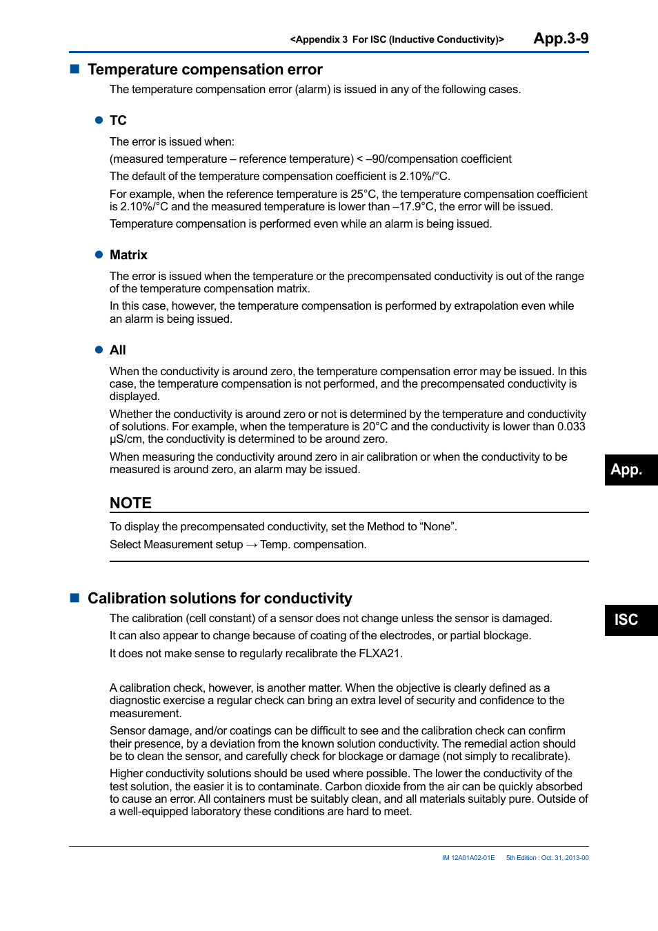App.3-9, Ntemperature compensation error, Ncalibration solutions for conductivity | App. isc | Yokogawa 2-Wire Dual Channel Transmitter/Analyzer FLXA21 User Manual | Page 237 / 246