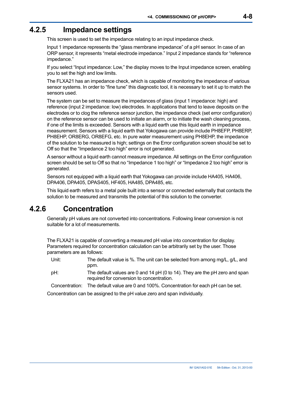 5 impedance settings, 6 concentration, Impedance settings -8 | 6 concentration -8 | Yokogawa 2-Wire Dual Channel Transmitter/Analyzer FLXA21 User Manual | Page 62 / 246