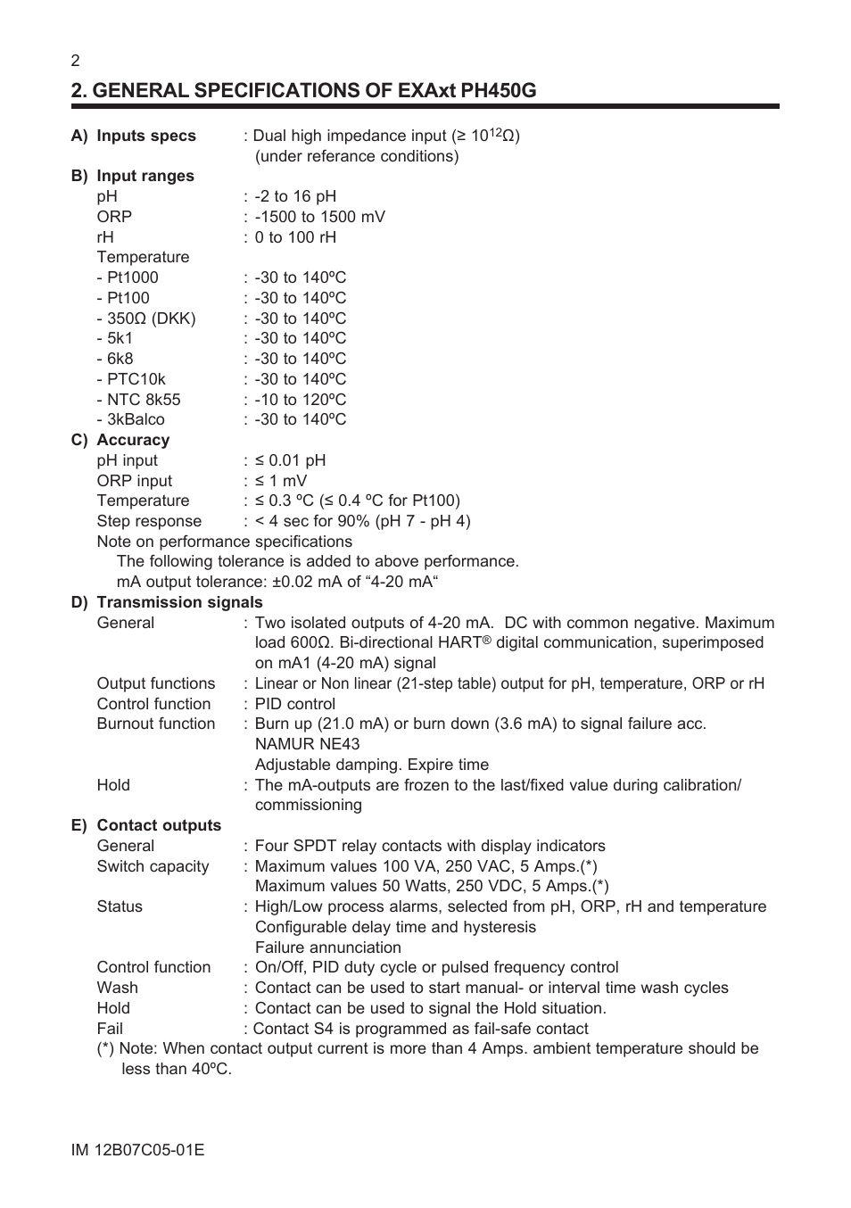 General specifications of exaxt ph450g | Yokogawa EXAxt PH450 4-Wire Analyzer for pH and ORP User Manual | Page 10 / 69