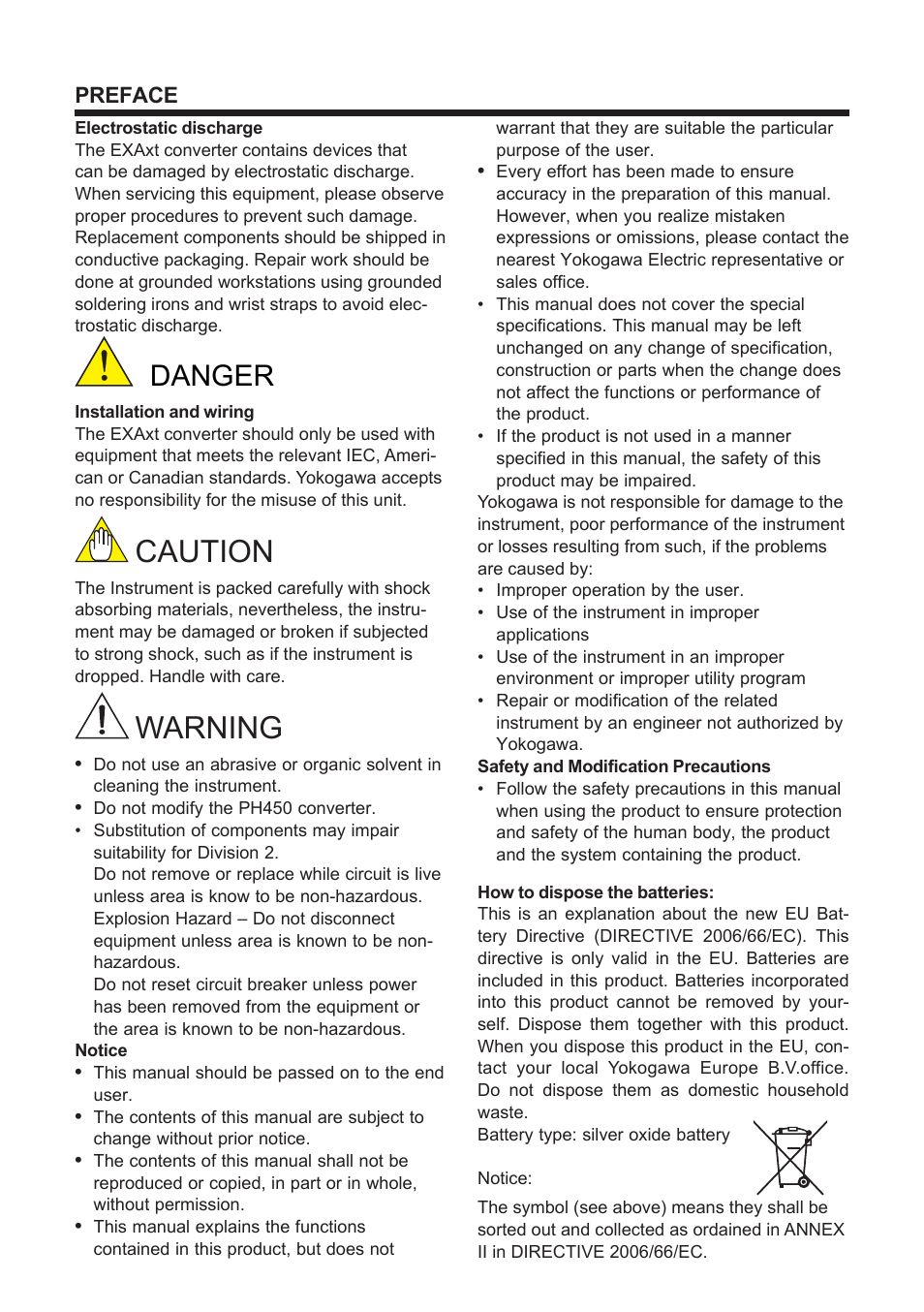 Preface, Caution, Warning | Danger | Yokogawa EXAxt PH450 4-Wire Analyzer for pH and ORP User Manual | Page 3 / 69