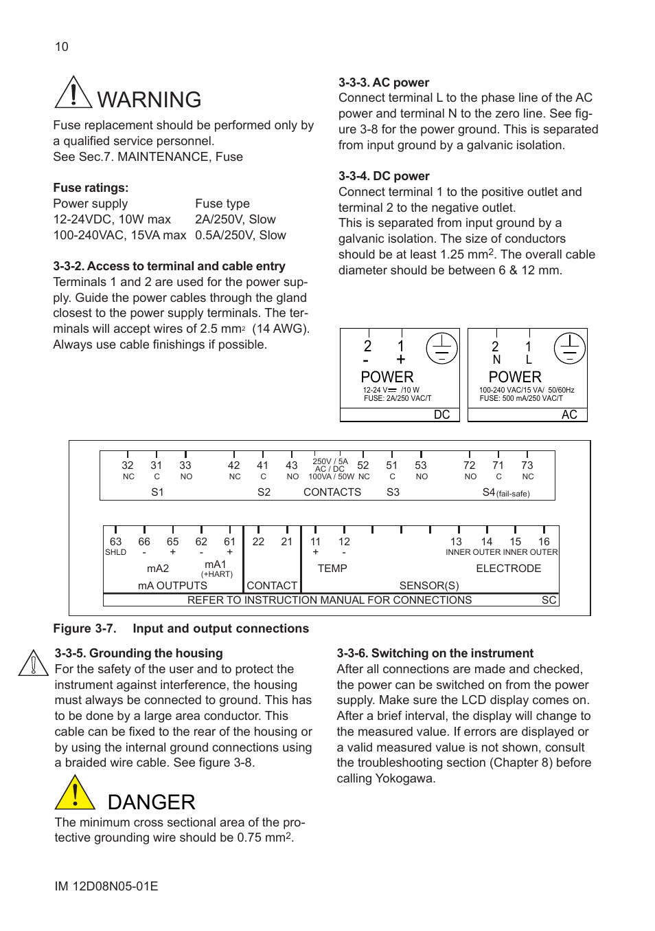 3-2. access to terminal and cable entry, 3-3. ac power, 3-4. dc power | 3-5. grounding the housing, 3-6. switching on the instrument, Warning, Danger, Power | Yokogawa EXAxt SC450 4-Wire Analyzer for Conductivity/Resistivity User Manual | Page 18 / 71