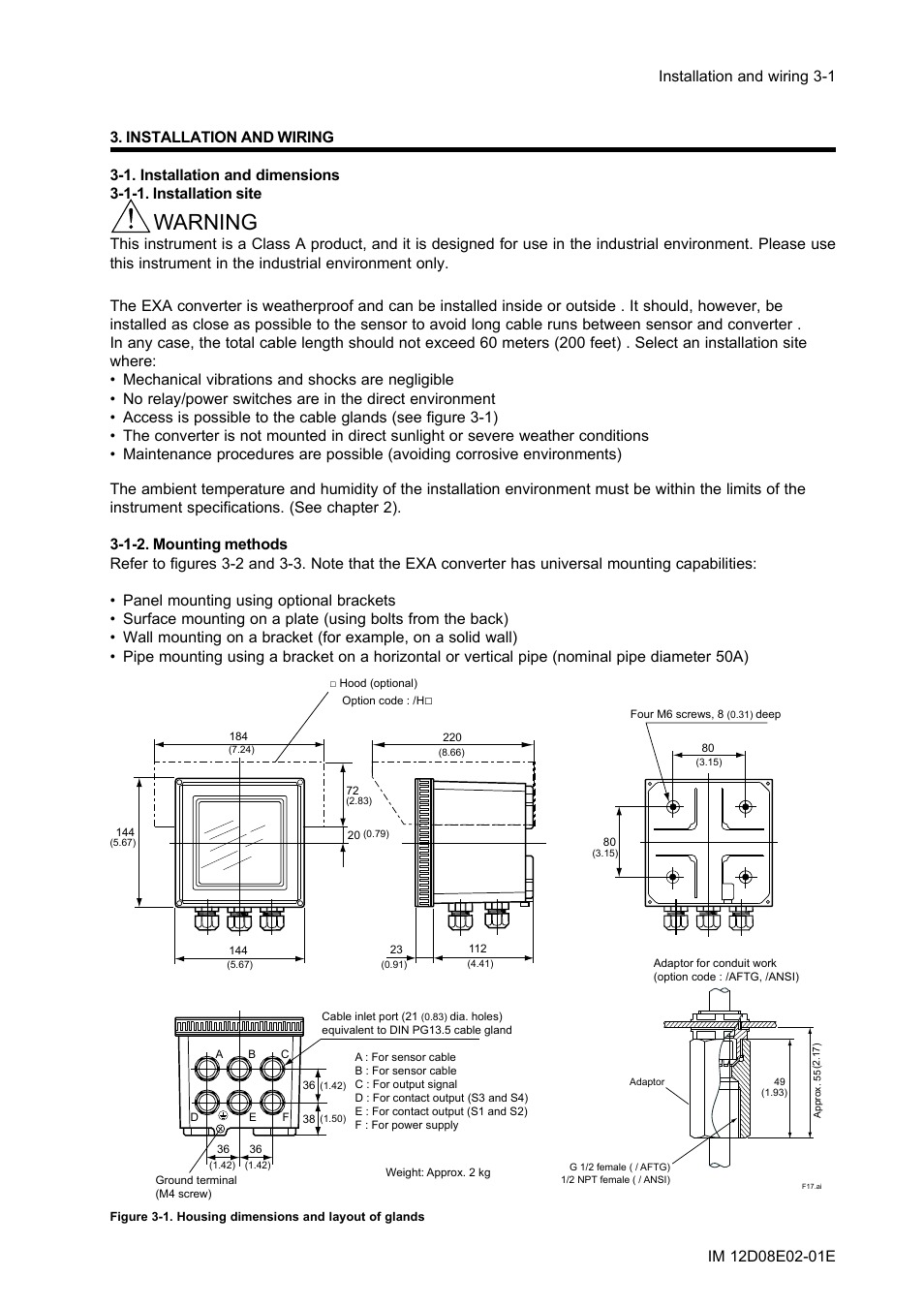 Installation and wiring, 1. installation and dimensions, 1-1. installation site | 1-2. mounting methods, Installation and wiring -1, 1. installation and dimensions -1, 1-1. installation site -1, 1-2. mounting methods -1, Warning | Yokogawa EXA DC402 Dual-Channel Conductivity Analyzer User Manual | Page 12 / 80