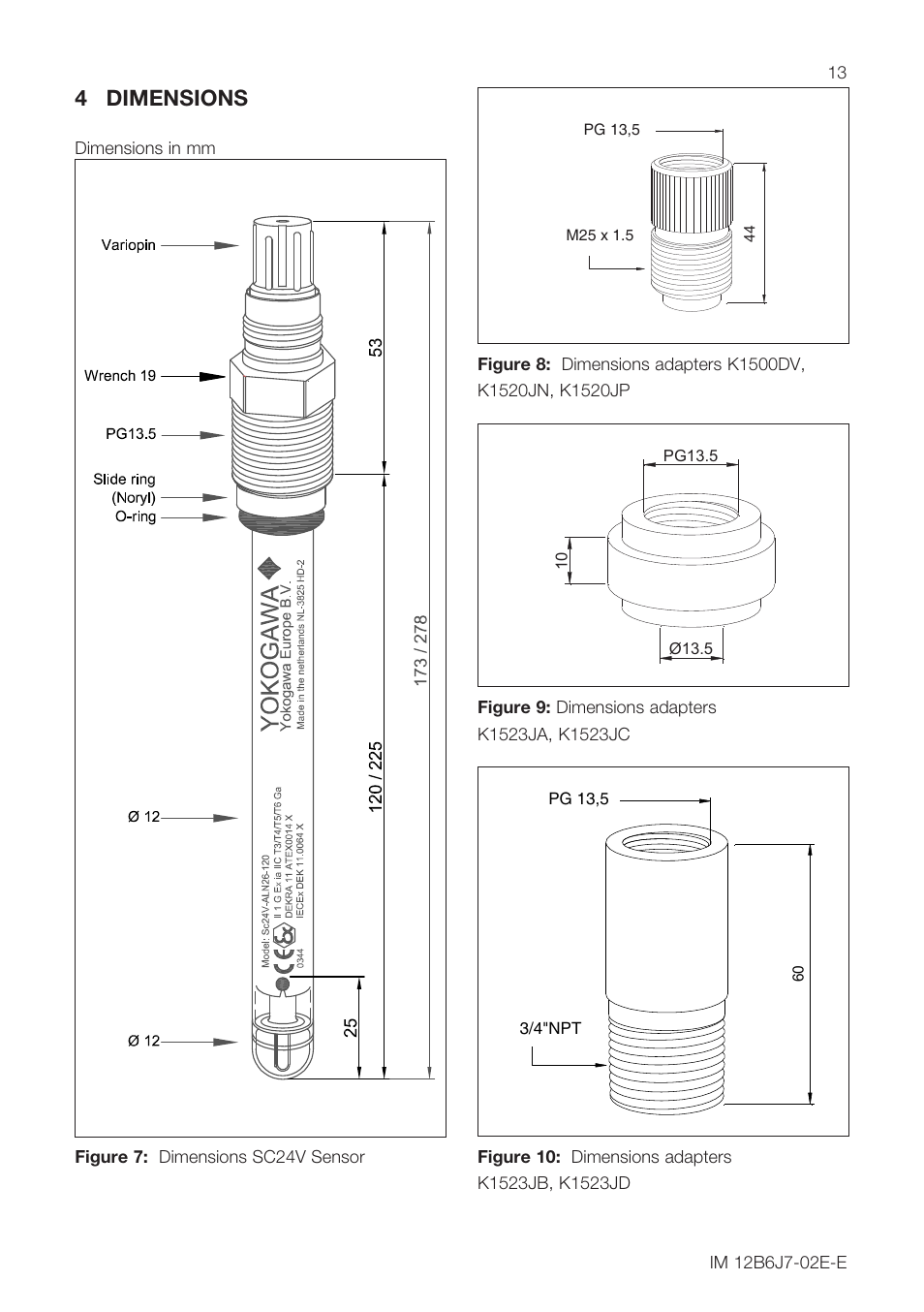 4 dimensions | Yokogawa SC24V Differential pH ORP Electrode User Manual | Page 13 / 20