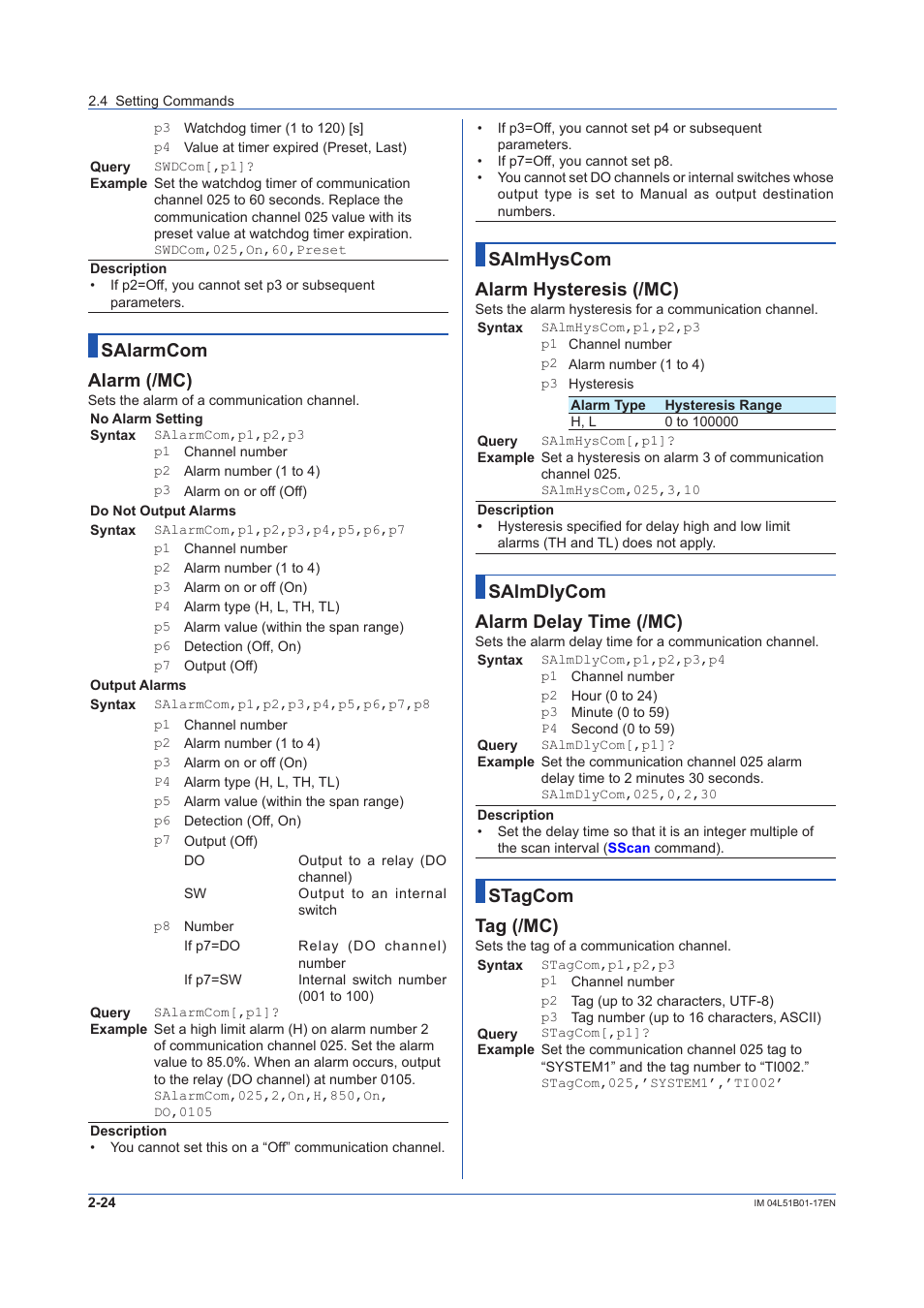 Salarmcom alarm (/mc), Salmhyscom alarm hysteresis (/mc), Salmdlycom alarm delay time (/mc) | Stagcom tag (/mc) | Yokogawa Touch Screen GP20 User Manual | Page 38 / 110