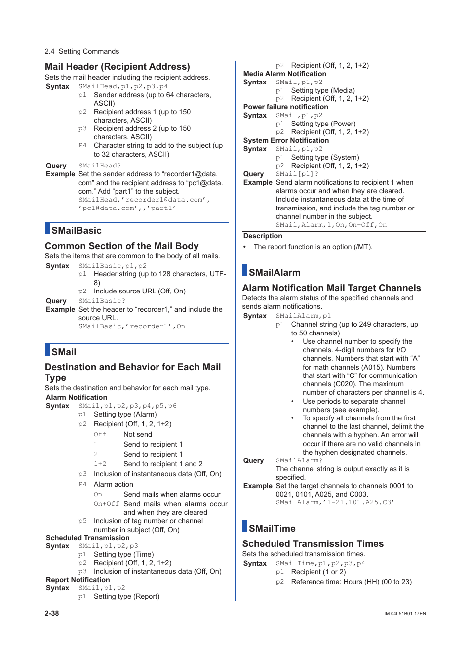 Destination and behavior for each, Mail header (recipient address), Smail destination and behavior for each mail type | Smailalarm alarm notification mail target channels, Smailtime scheduled transmission times | Yokogawa Touch Screen GP20 User Manual | Page 52 / 110
