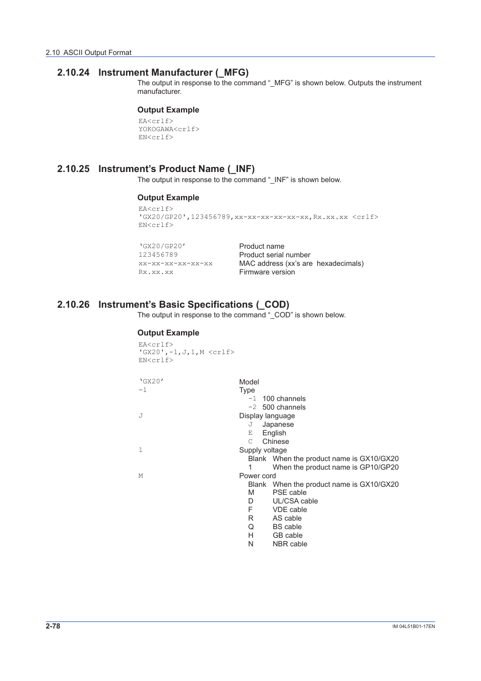 24 instrument manufacturer (_mfg), 25 instrument’s product name (_inf), 26 instrument’s basic specifications (_cod) | 24 instrument manufacturer (_mfg) -78, 25 instrument’s product name (_inf) -78, 26 instrument’s basic specifications (_cod) -78, Ascii output format, see | Yokogawa Touch Screen GP20 User Manual | Page 92 / 110