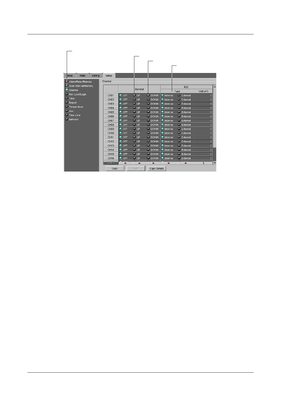 Channel (setting the burnout and rjc), Channel (setting the burnout and rjc) -18, Channel (settng the burnout and rjc) | Yokogawa DAQWORX User Manual | Page 114 / 336