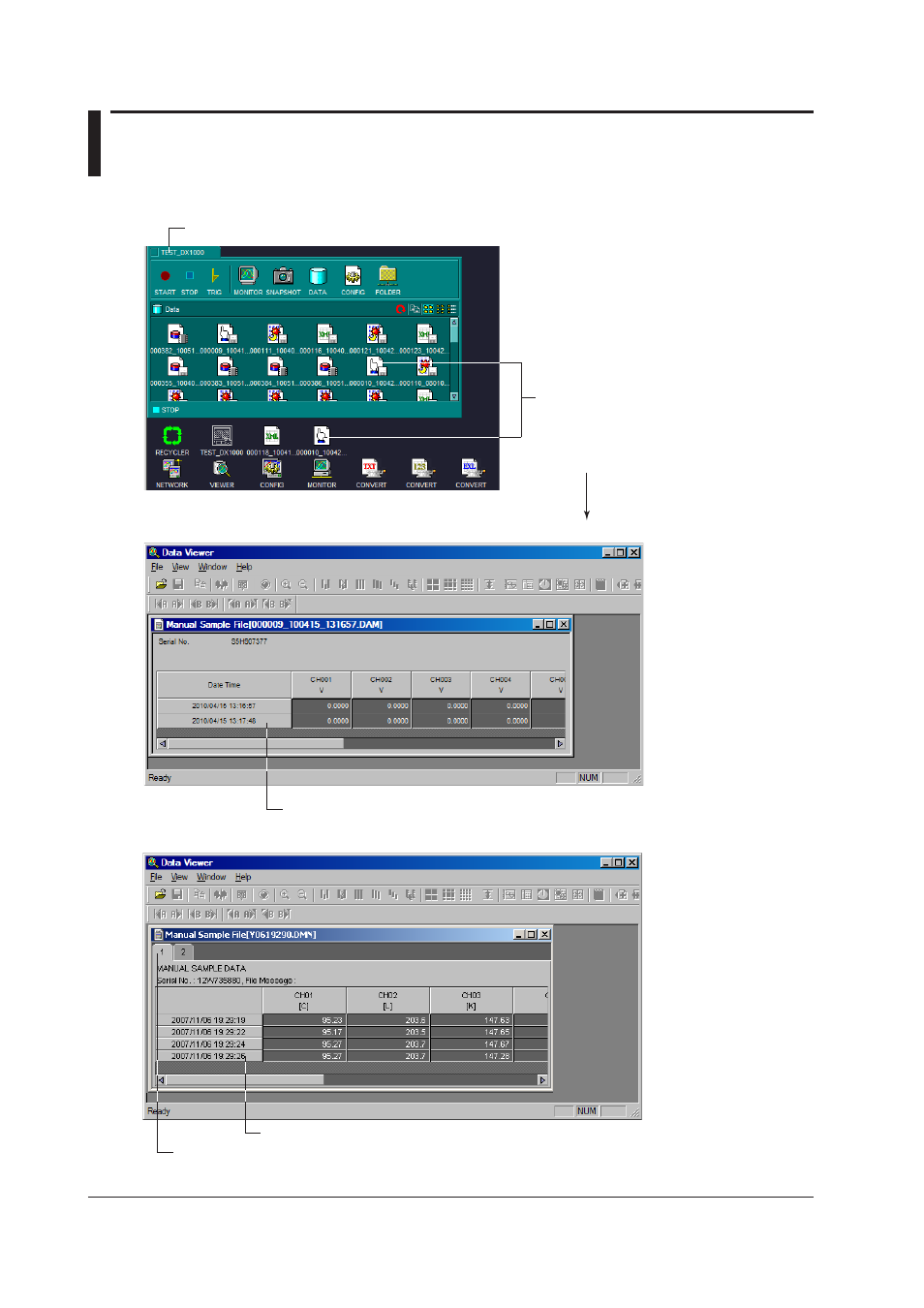 7 displaying the manually sampled data file, Displaying the manually sampled data file, 7 displaying the manually sampled data file -20 | Displaying the manually sampled data file -20, 7 dsplayng the manually sampled data fle, Dsplayng the manually sampled data fle | Yokogawa DAQWORX User Manual | Page 82 / 336