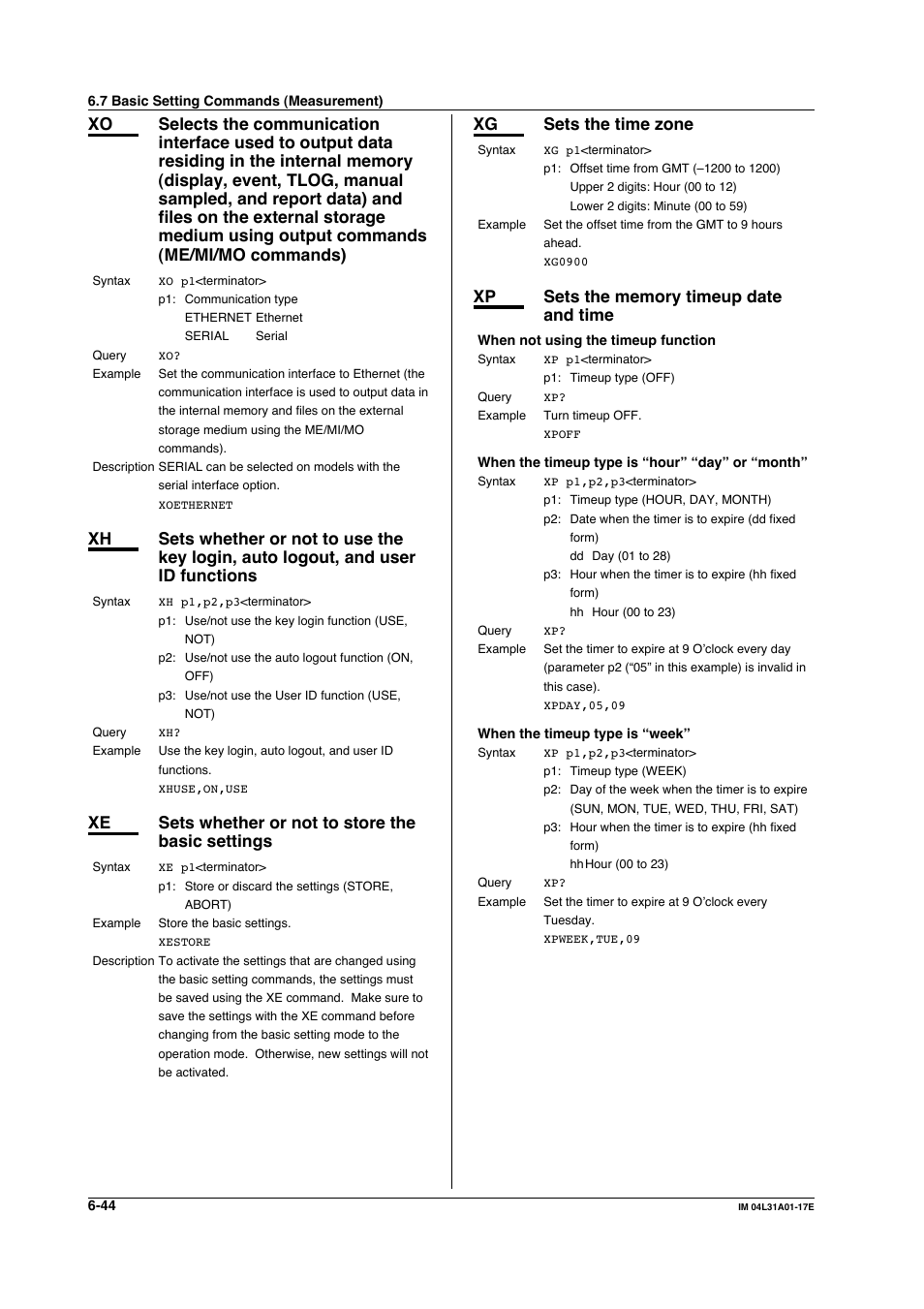 Xe sets whether or not to store the basic settings, Xg sets the time zone | Yokogawa Data Acquisition with PID Control CX2000 User Manual | Page 173 / 321