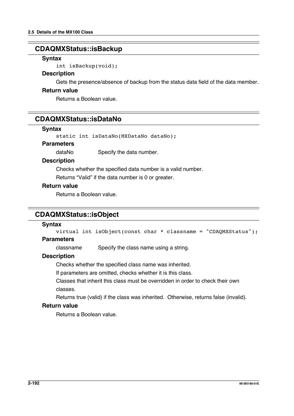 Cdaqmxstatus::isbackup, Cdaqmxstatus::isdatano, Cdaqmxstatus::isobject | Yokogawa PC-Based MX100 User Manual | Page 215 / 1264