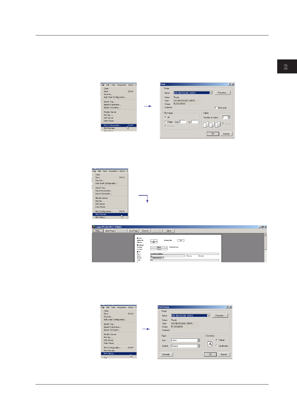 Printing setup data, Print preview, Setting up the printer | Printing setup data -77, Print preview -77, Setting up the printer -77, Index, Prntng setup data, Prnt prevew, Settng up the prnter | Yokogawa DAQWORX User Manual | Page 107 / 163