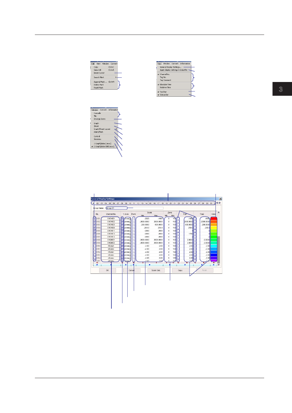 Changing the display using the menu, Changing the display using the menu -7, Index | Changng the dsplay usng the menu | Yokogawa DAQWORX User Manual | Page 120 / 163