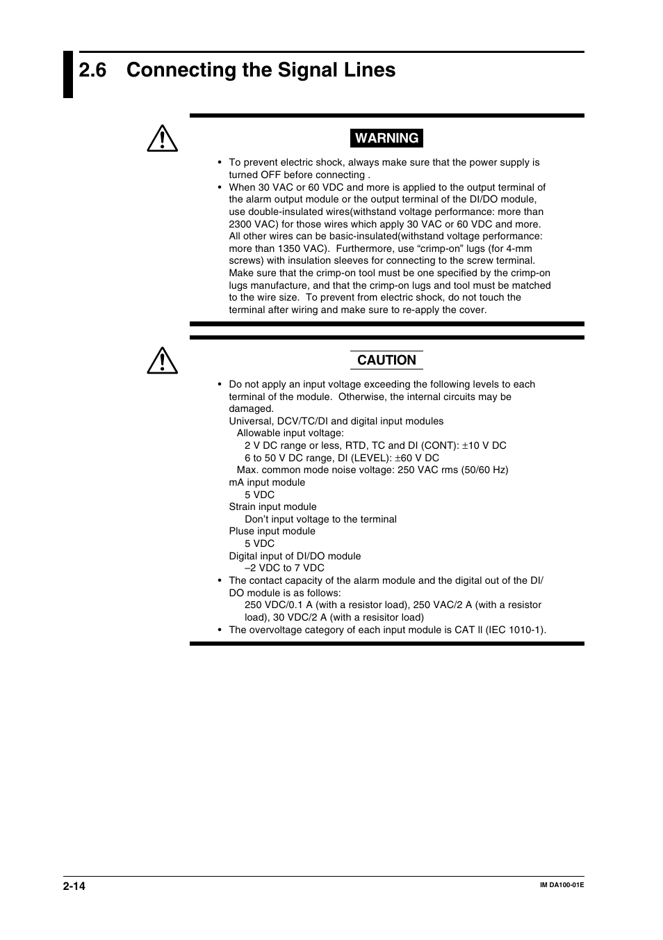 6 connecting the signal lines, Connecting the signal lines -14, Wwarning | Caution | Yokogawa DA100 User Manual | Page 35 / 109