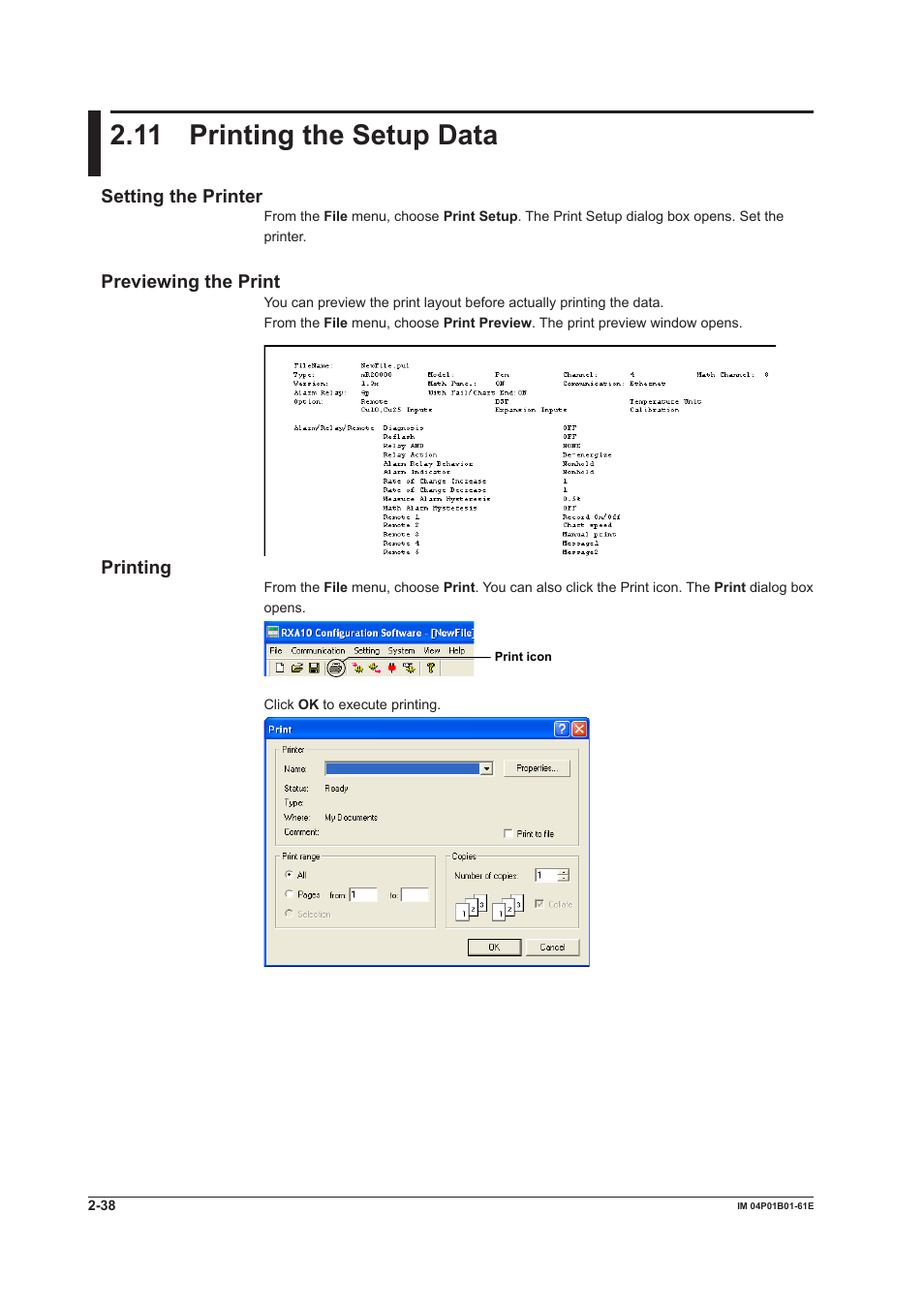 11 printing the setup data, 11 printing the setup data -38, Setting the printer | Previewing the print, Printing | Yokogawa µR20000 User Manual | Page 51 / 65