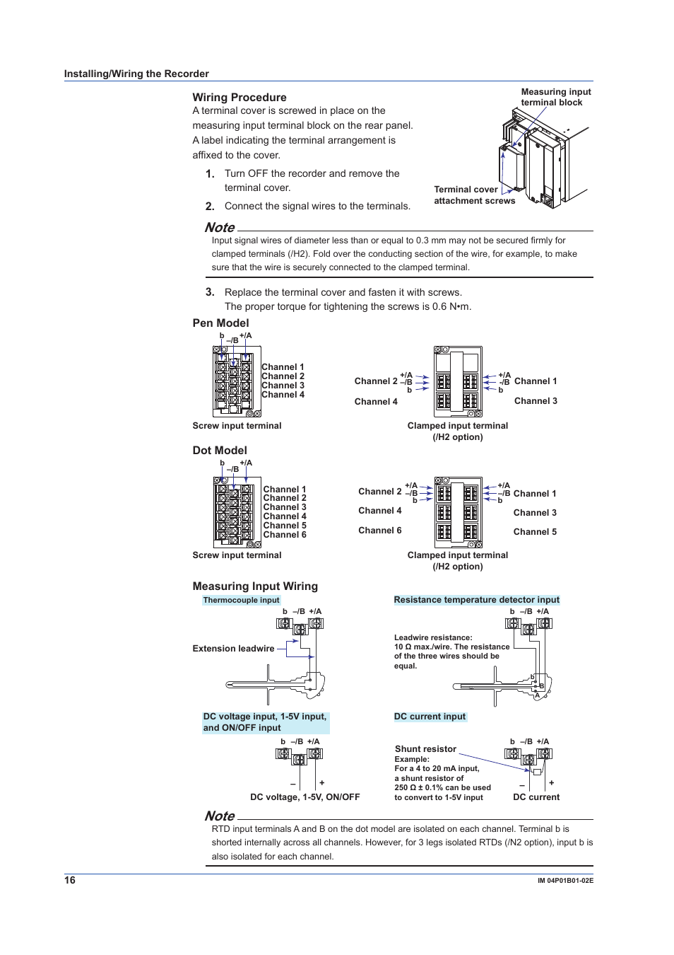 Wiring procedure, Pen model, Dot model | Measuring input wiring | Yokogawa µR10000 User Manual | Page 16 / 56