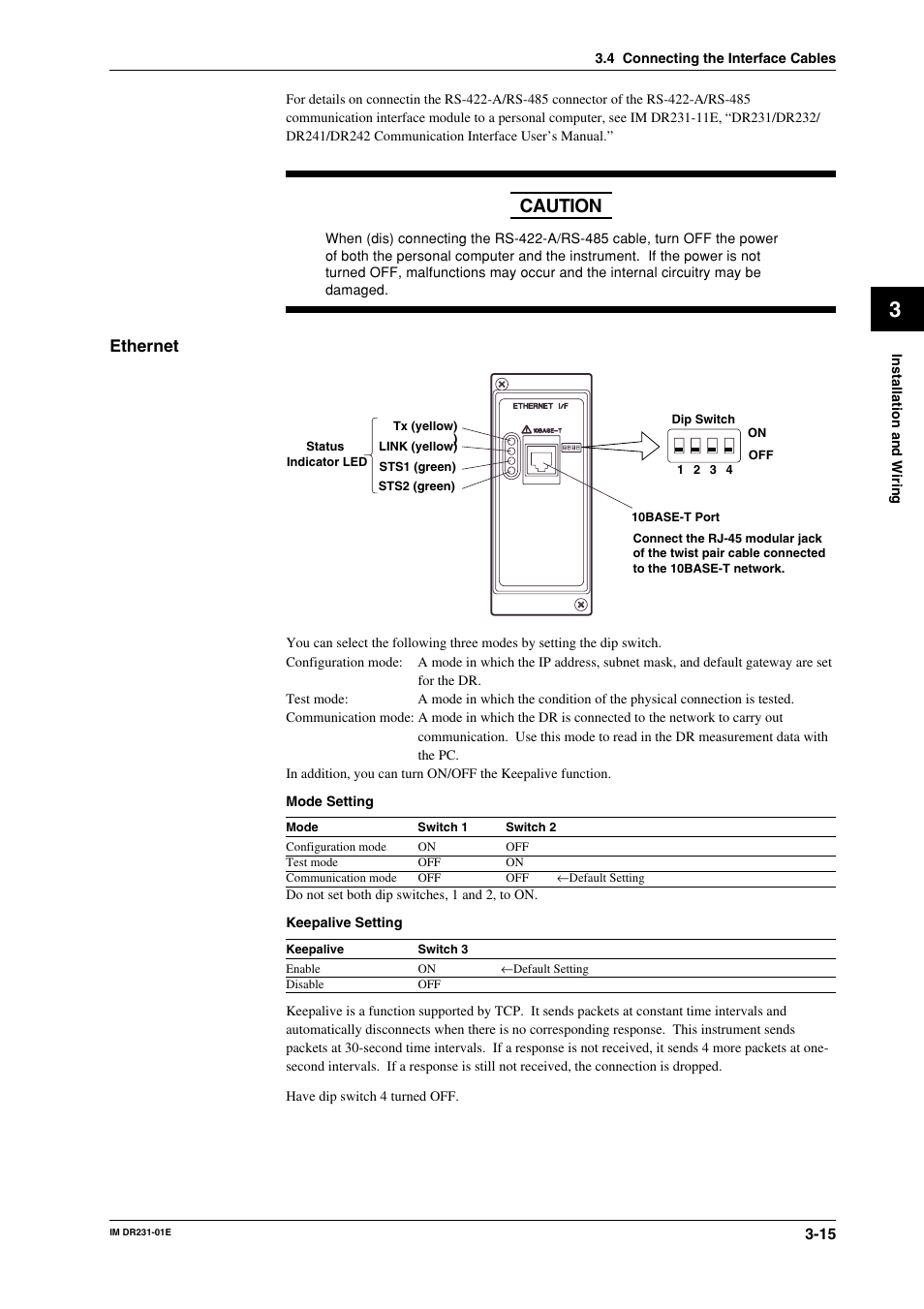 Caution, Ethernet | Yokogawa DR240 User Manual | Page 56 / 255