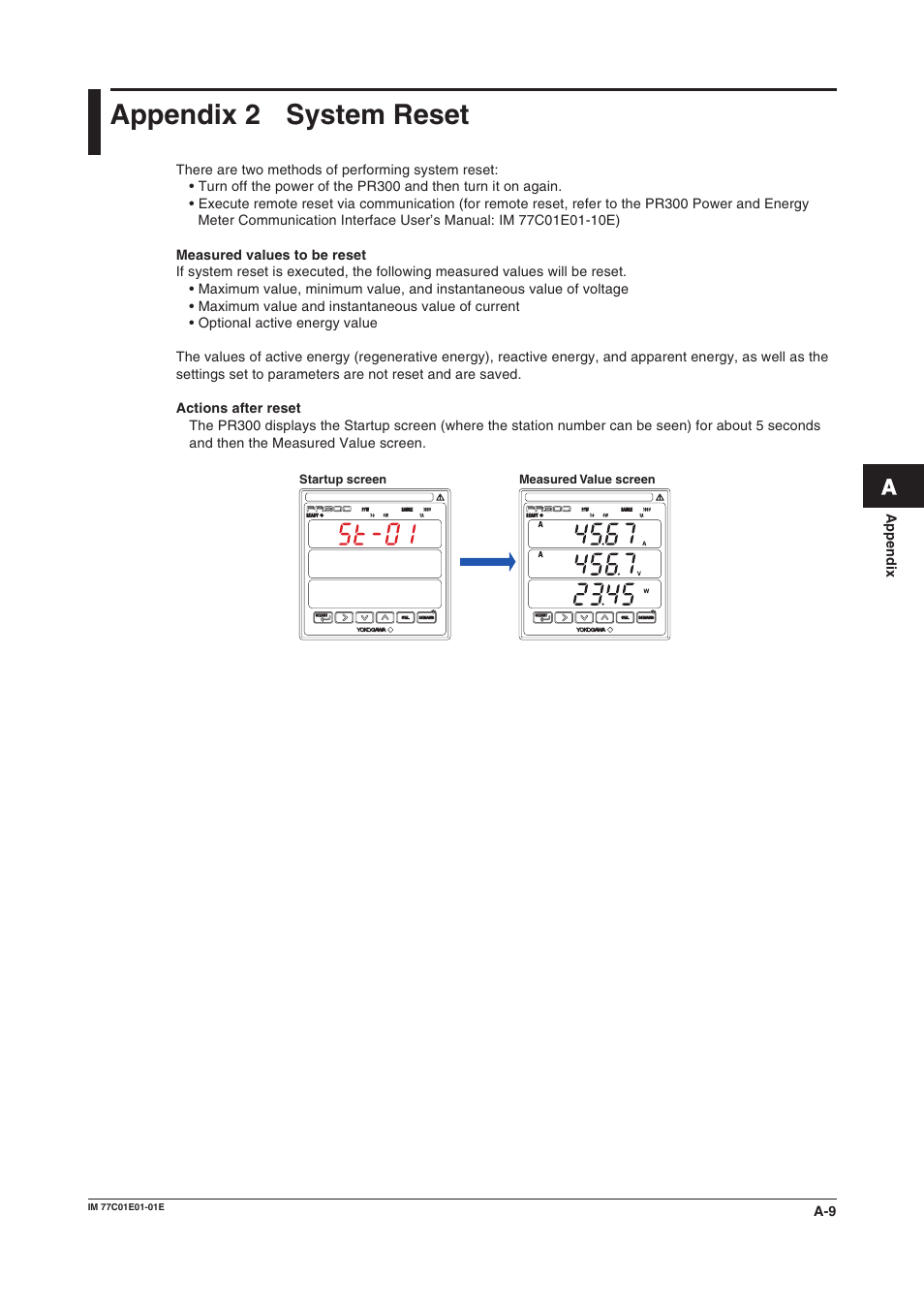 Appendix 2 system reset, System reset | Yokogawa PR300 Power and Energy Meter User Manual | Page 66 / 76
